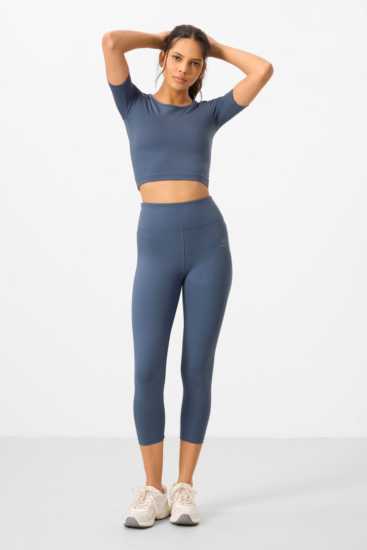 Petrol Yüksek Bel Kapri-Crop T-Shirt Slim Fit Kadın Tayt Takım - 95285