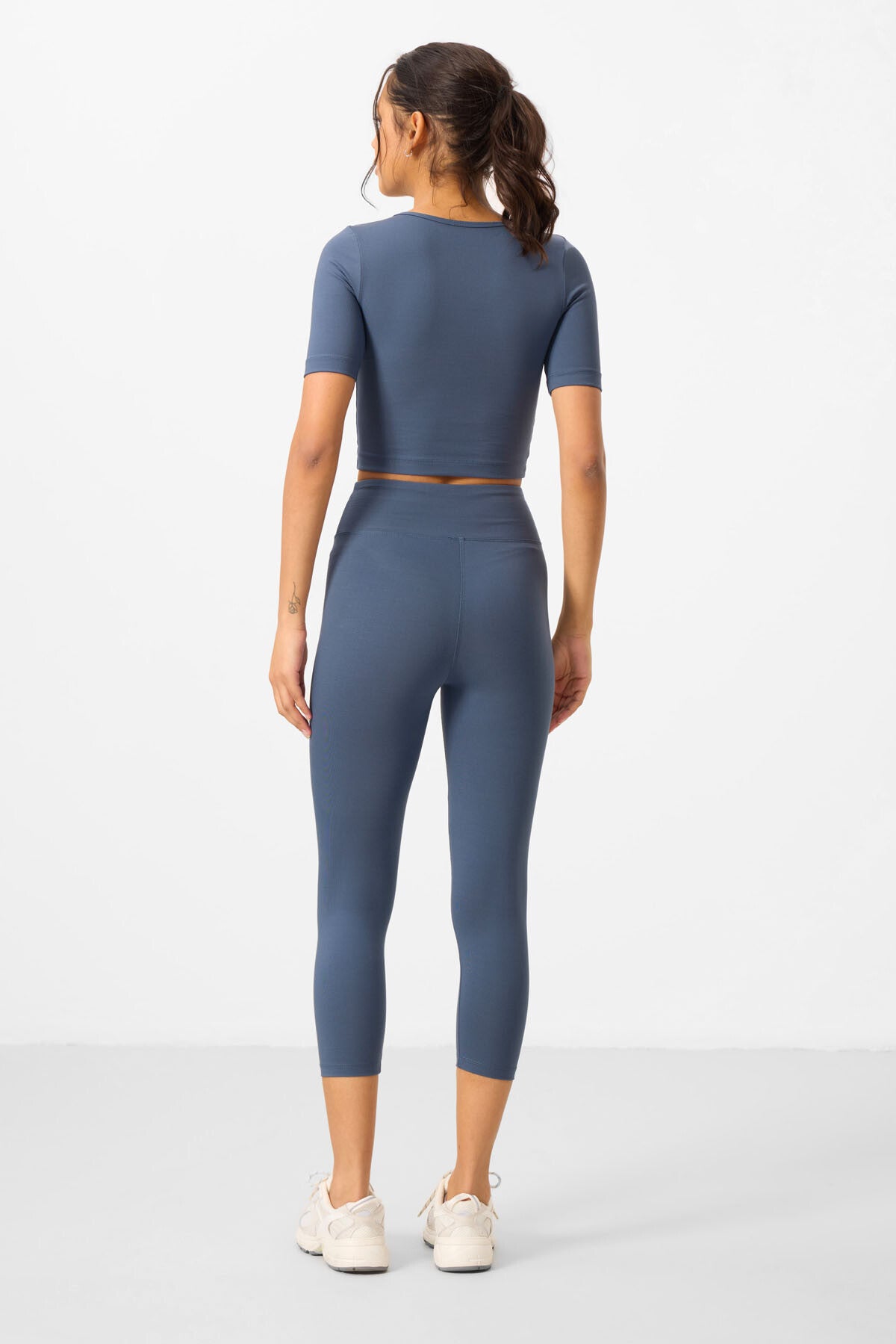 Petrol Yüksek Bel Kapri-Crop T-Shirt Slim Fit Kadın Tayt Takım - 95285