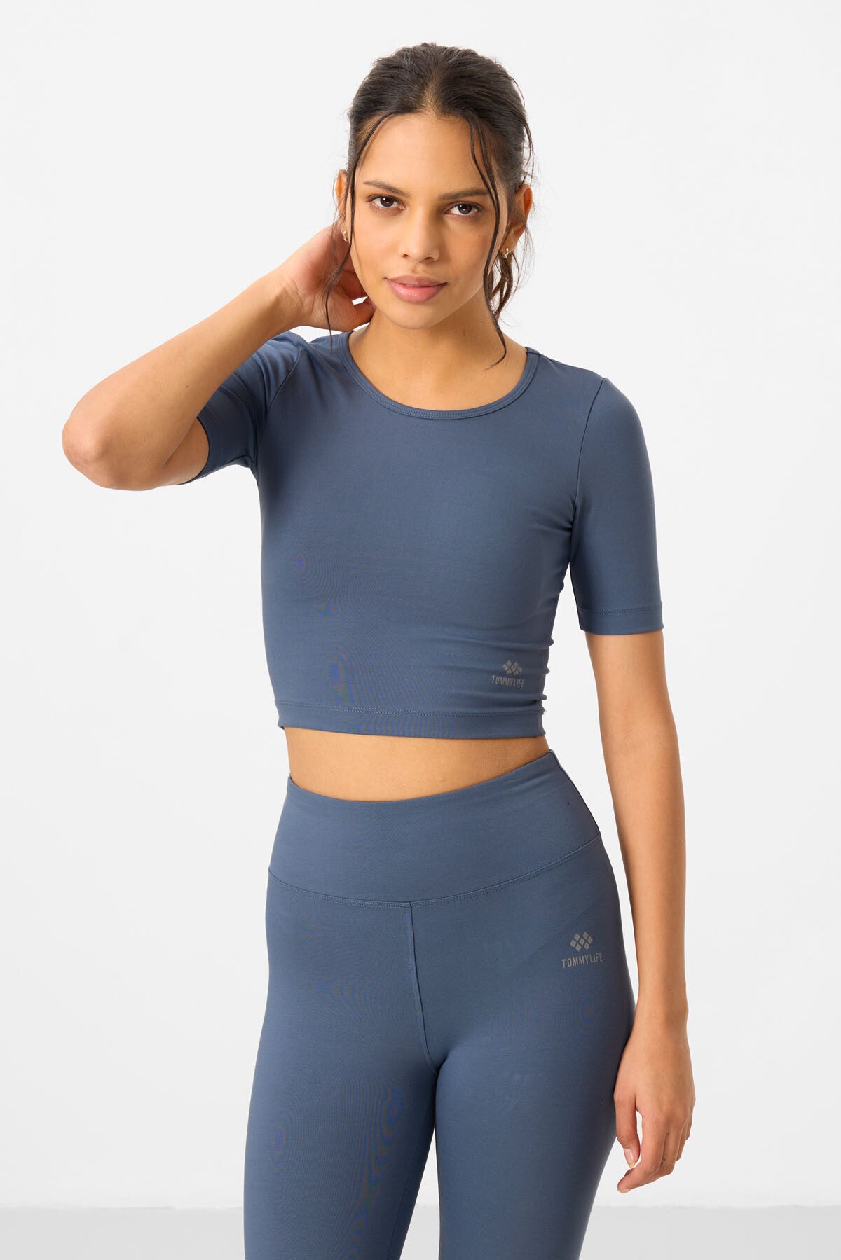 Petrol Yüksek Bel Kapri-Crop T-Shirt Slim Fit Kadın Tayt Takım - 95285