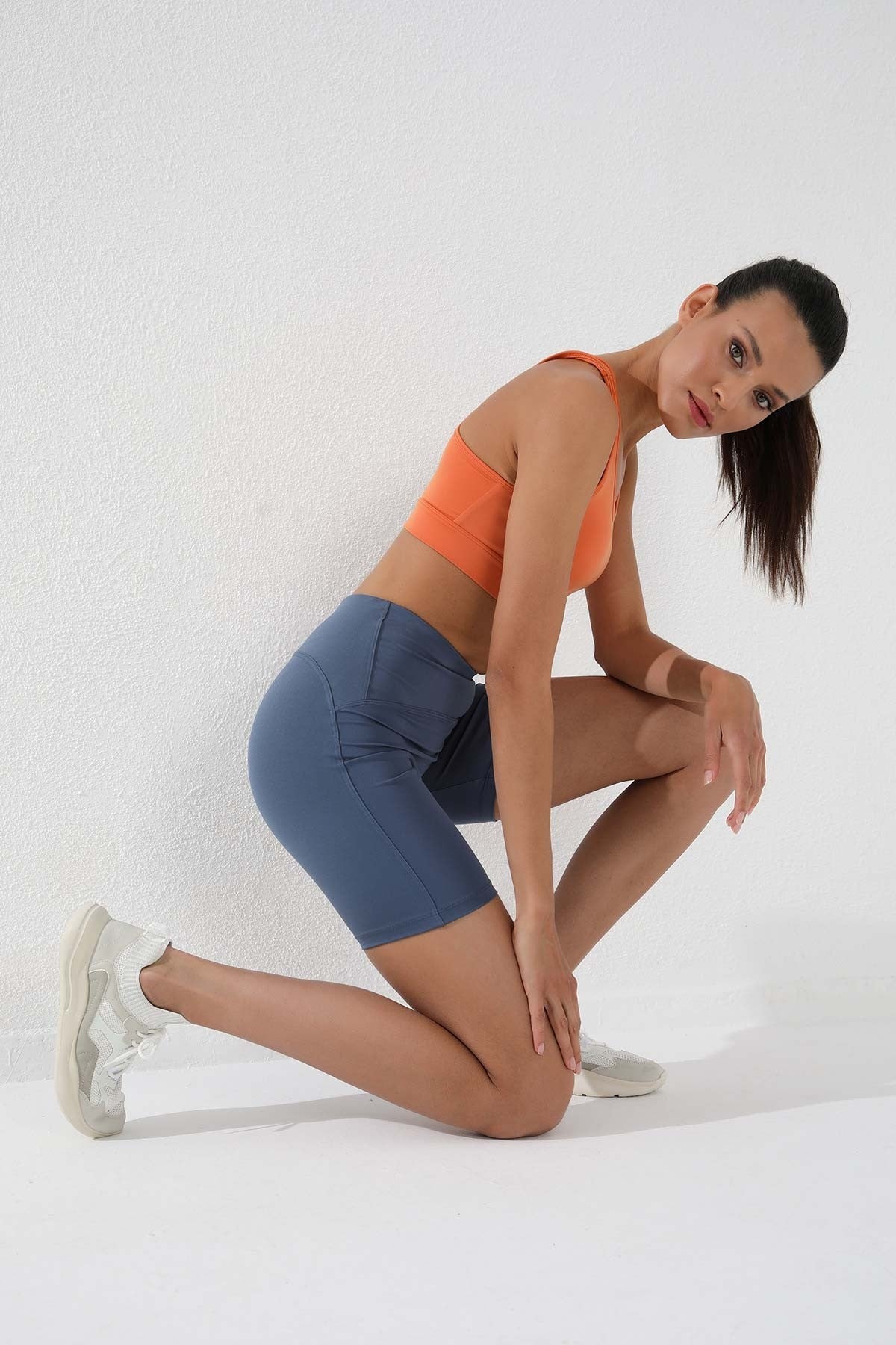 Petrol Yüksek Bel Toparlayıcı Kısa Biker Kadın Tayt - 91007