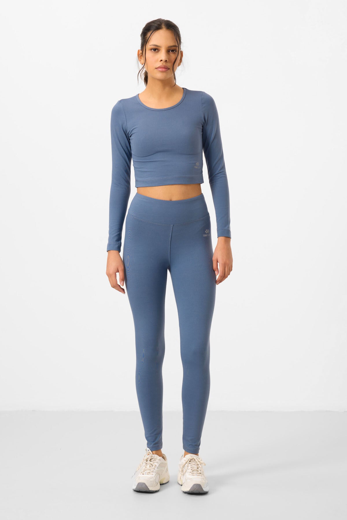 Petrol Yüksek Bel Uzun Kollu Slim Fit Crop Top Kadın Tayt Takım - 95286