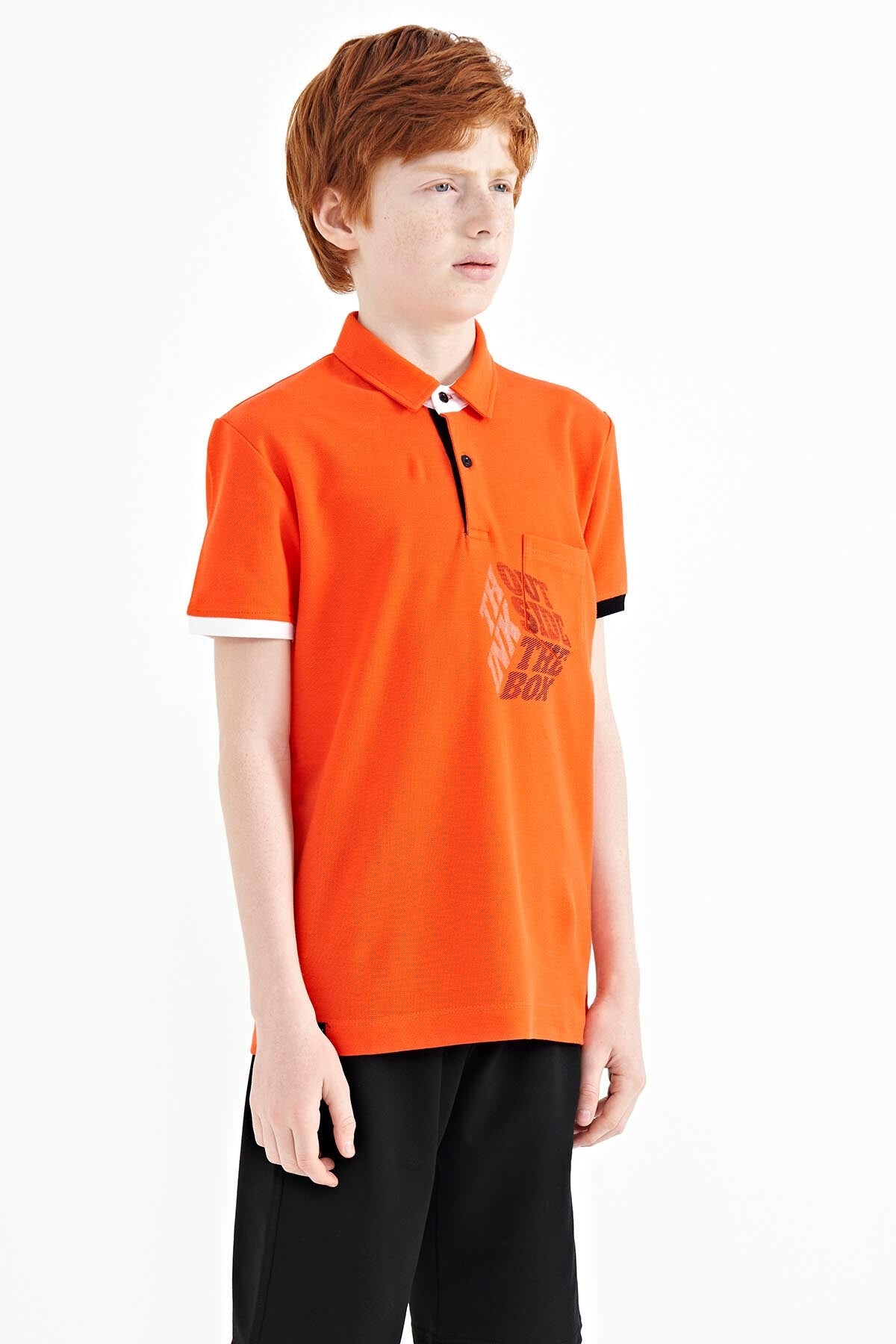 Portakal Ön Cep Detaylı Baskılı Standart Kalıp Polo Yaka Erkek Çocuk T-Shirt - 11102