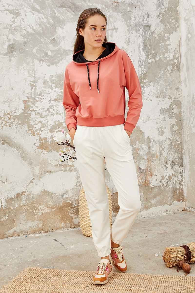 Pudra Uzun Kol Rahat Form Kapüşonlu Kadın Sweatshirt - 97115