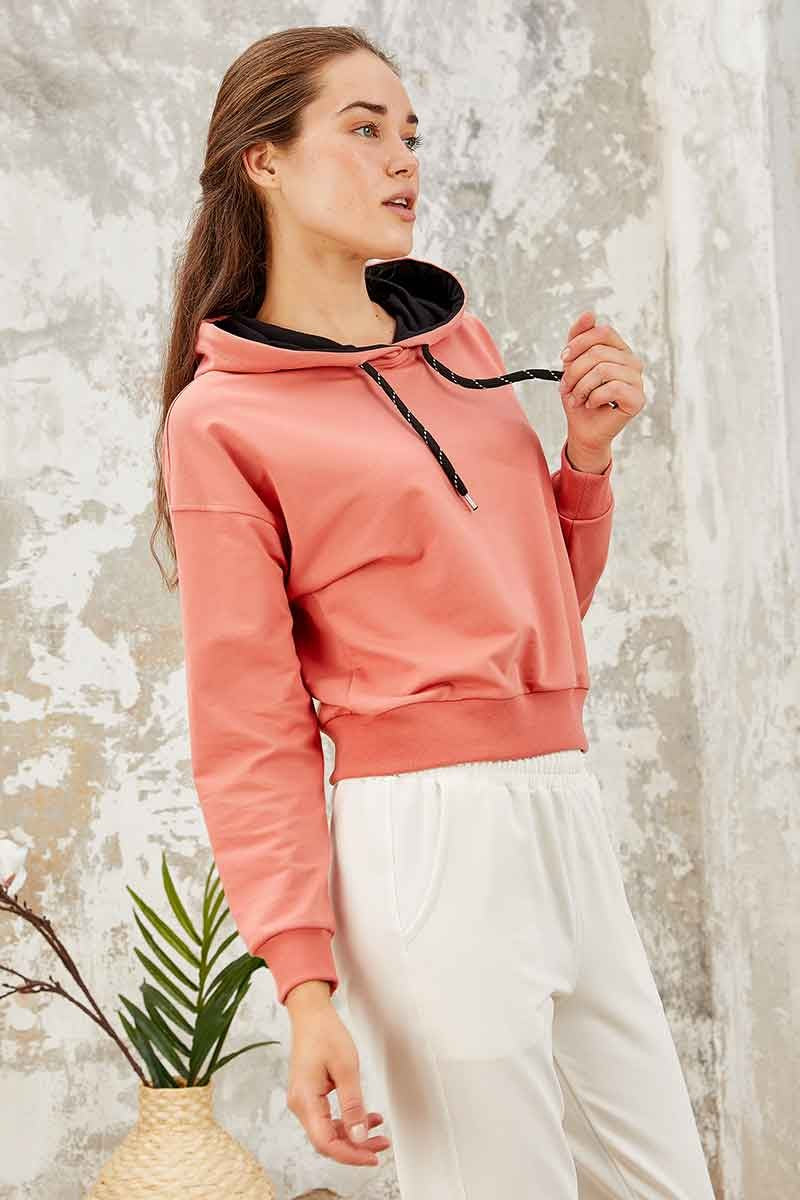 Pudra Uzun Kol Rahat Form Kapüşonlu Kadın Sweatshirt - 97115