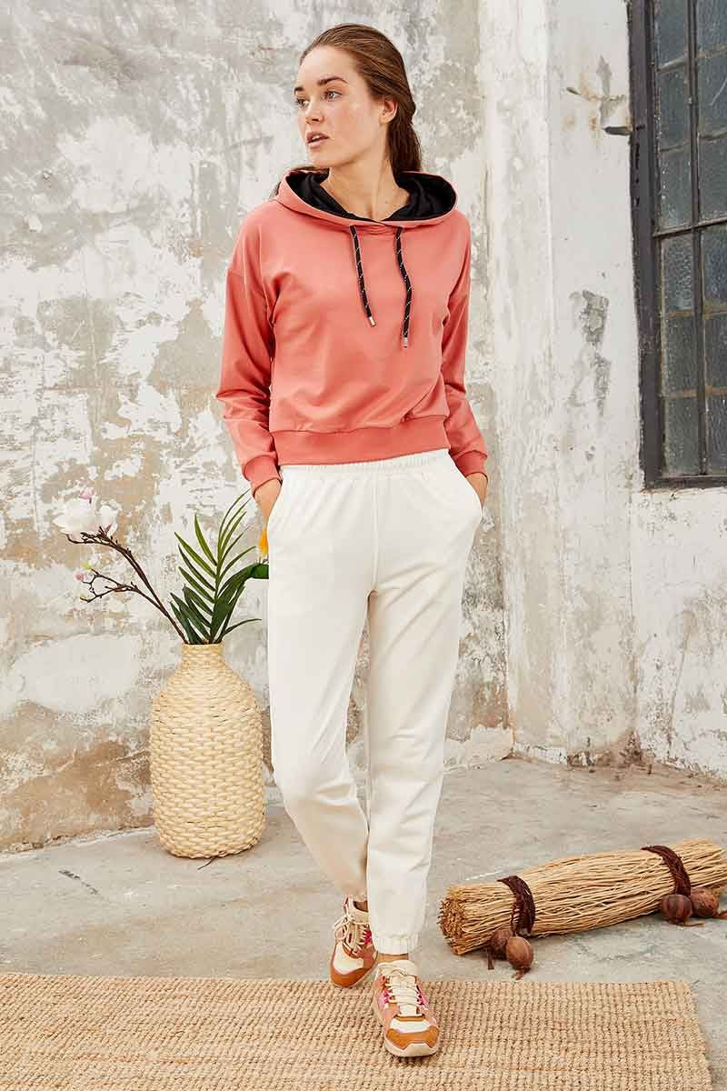 Pudra Uzun Kol Rahat Form Kapüşonlu Kadın Sweatshirt - 97115