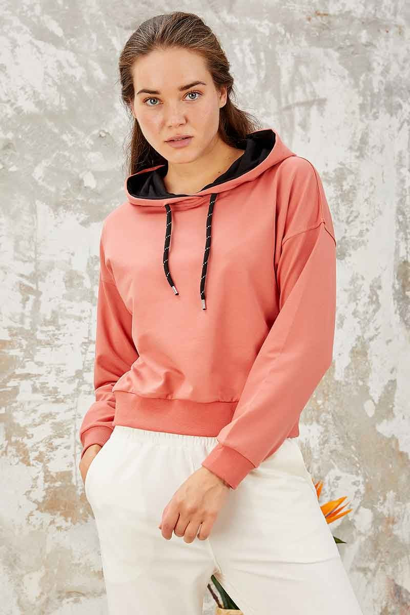 Pudra Uzun Kol Rahat Form Kapüşonlu Kadın Sweatshirt - 97115