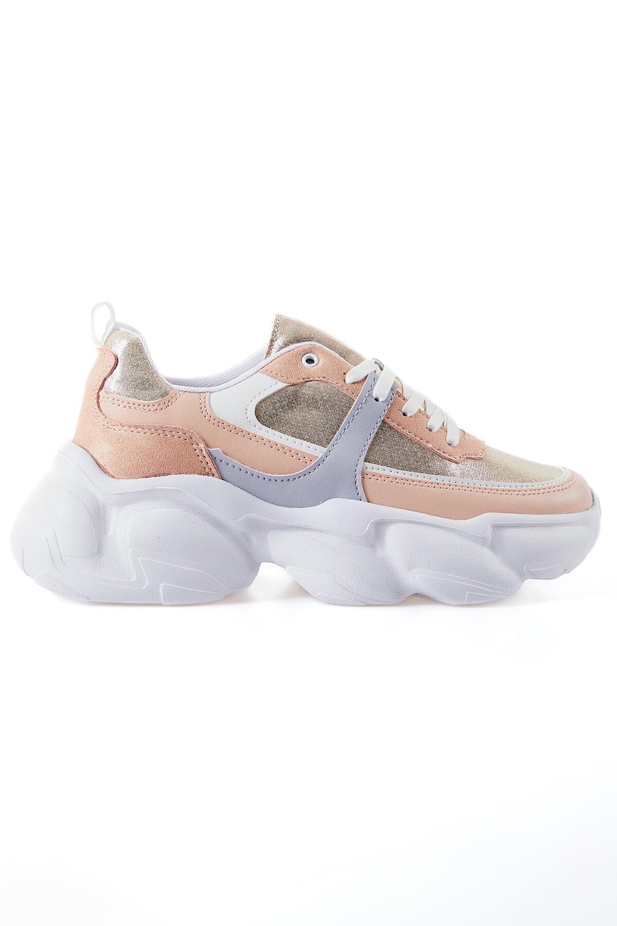 Pudra Yüksek Tabanlı Bağcıklı Renk Geçişli Suni Deri Kadın Spor Ayakkabı - 89206