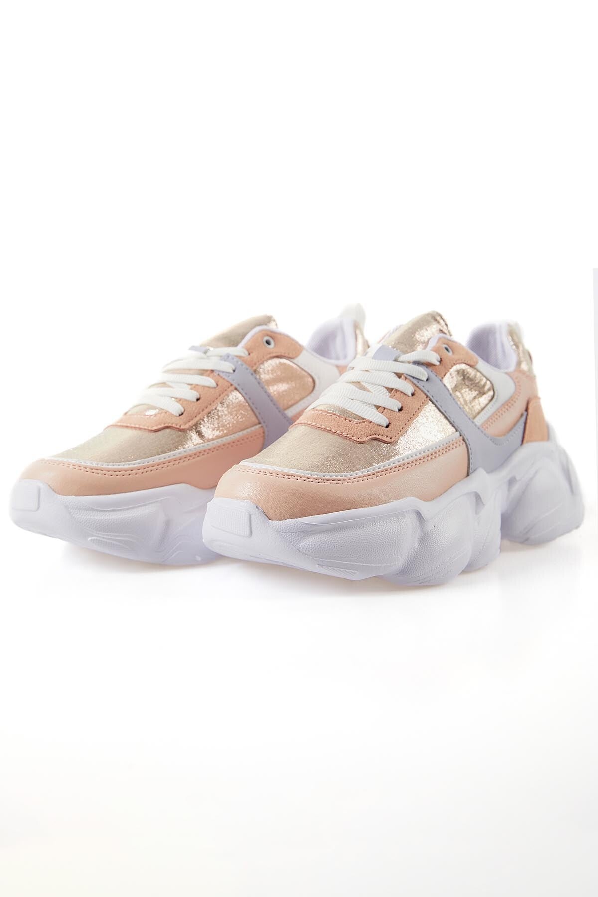 Pudra Yüksek Tabanlı Bağcıklı Renk Geçişli Suni Deri Kadın Spor Ayakkabı - 89206