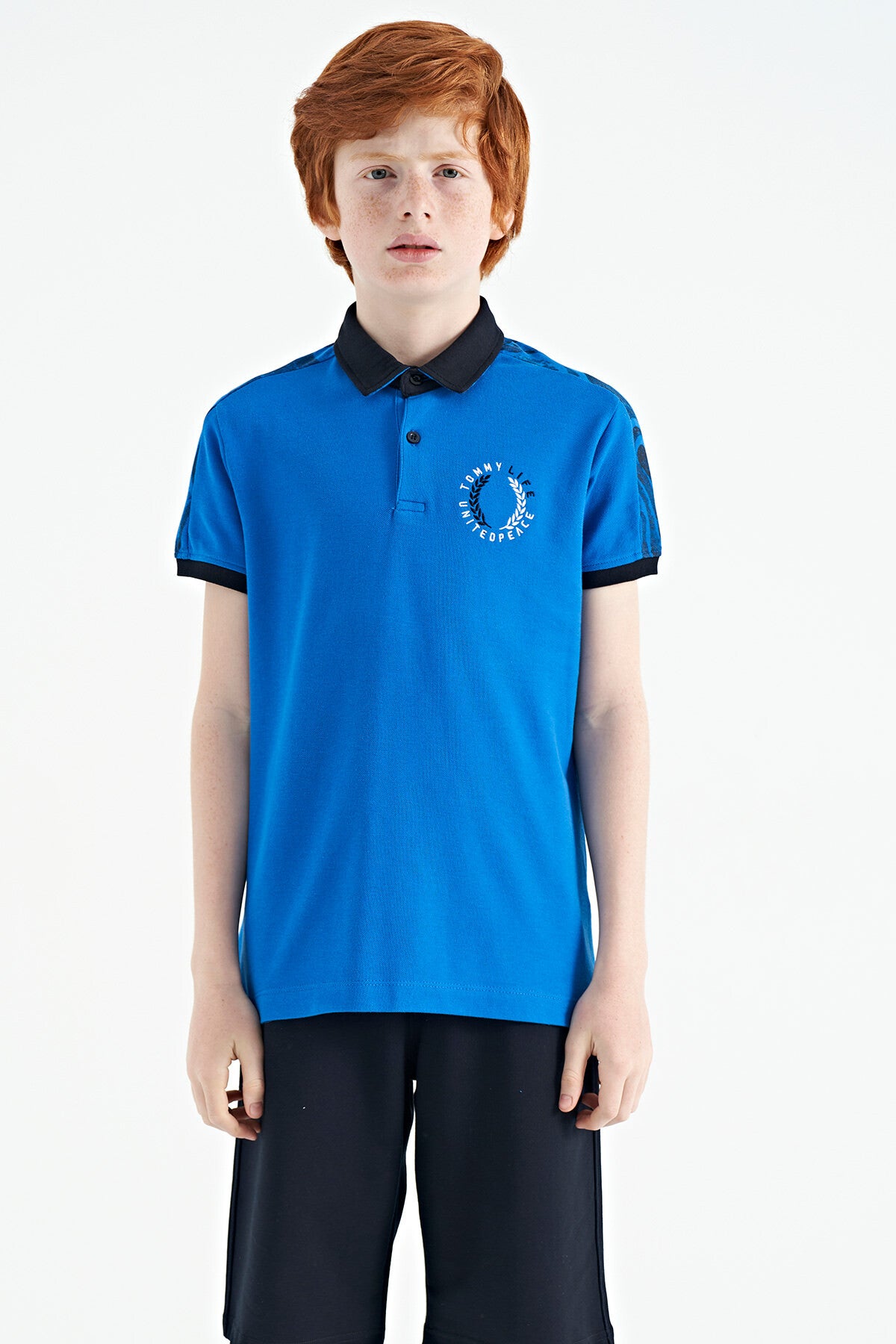 Saks Baskı Detaylı Pola Yaka Standart Kalıp Erkek Çocuk T-Shırt - 11166