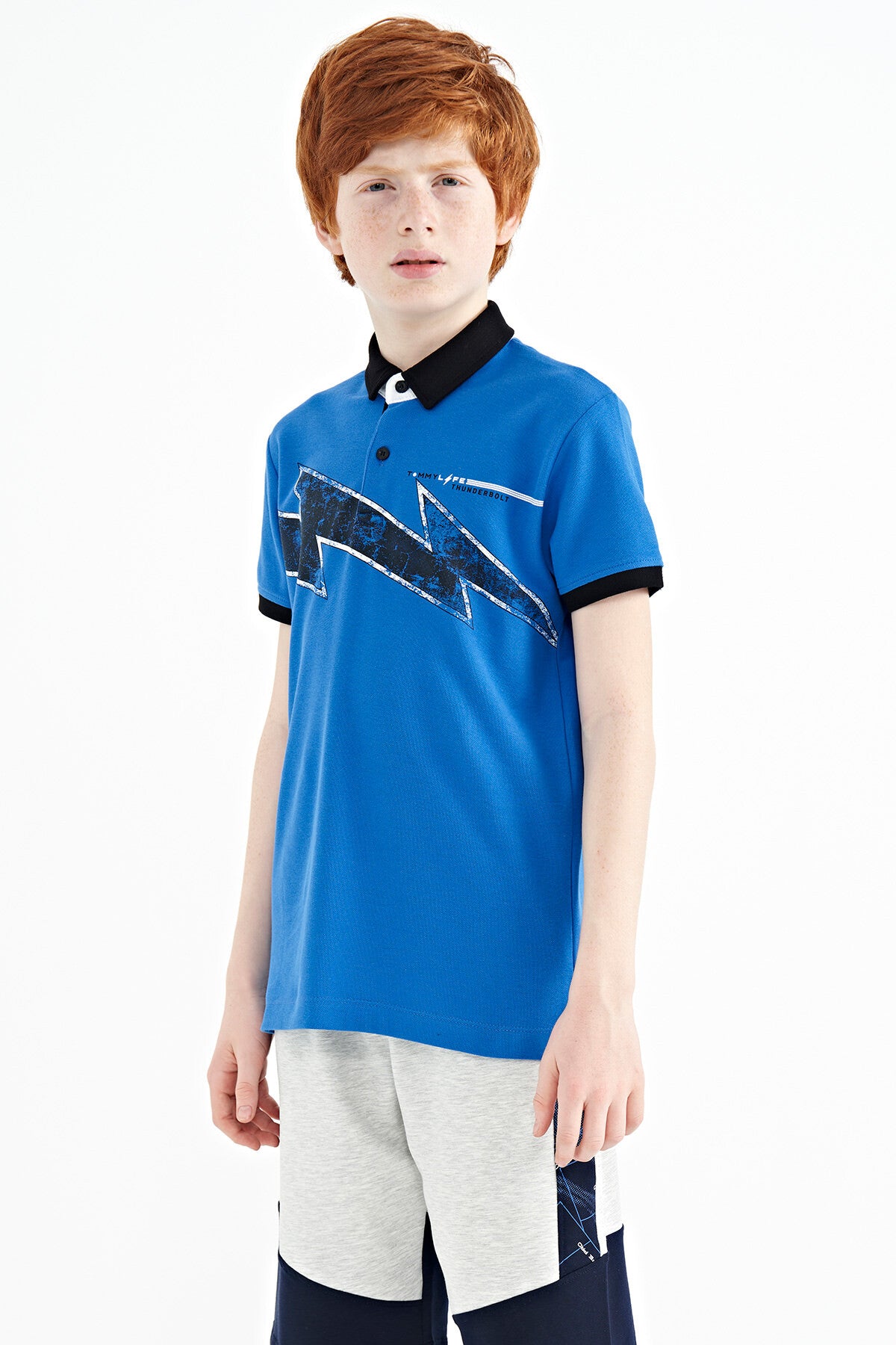 Saks Baskı Detaylı Standart Kalıp Polo Yaka Erkek Çocuk T-Shirt - 11154