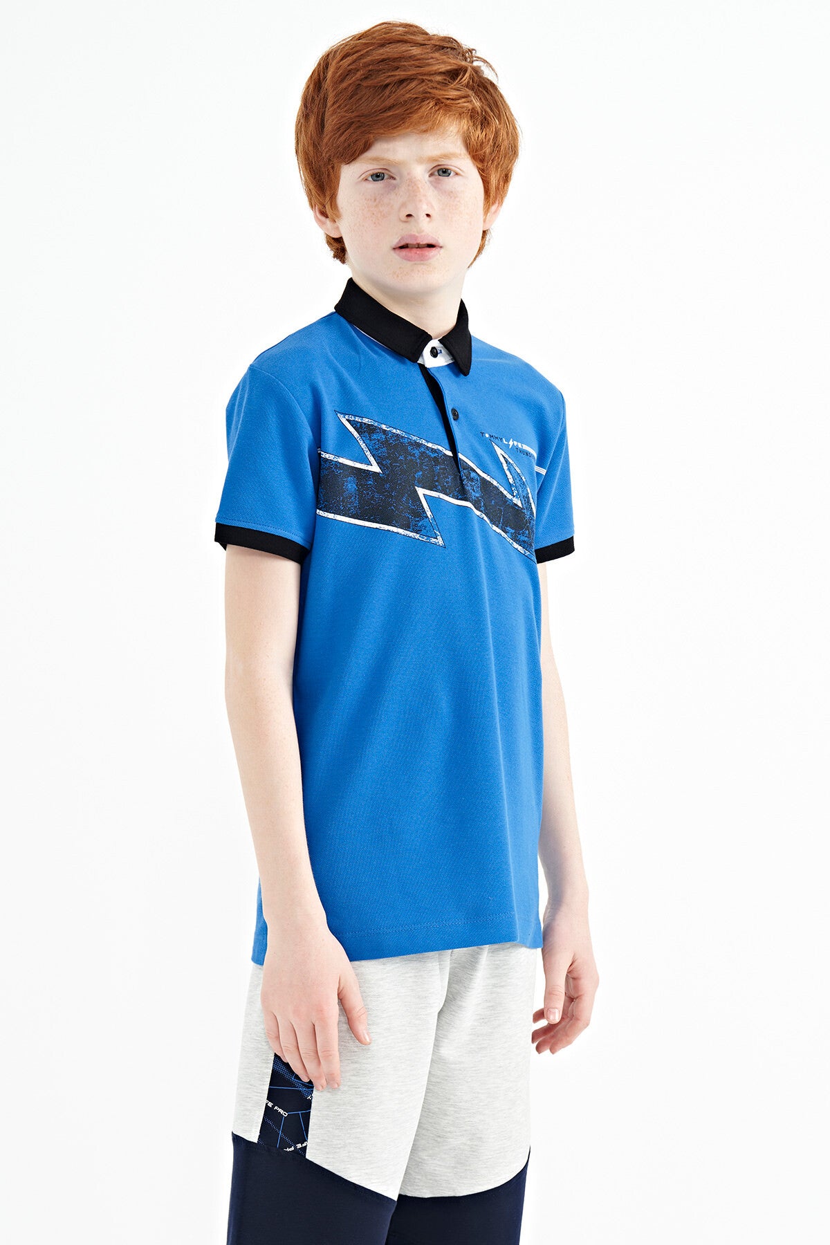 Saks Baskı Detaylı Standart Kalıp Polo Yaka Erkek Çocuk T-Shirt - 11154