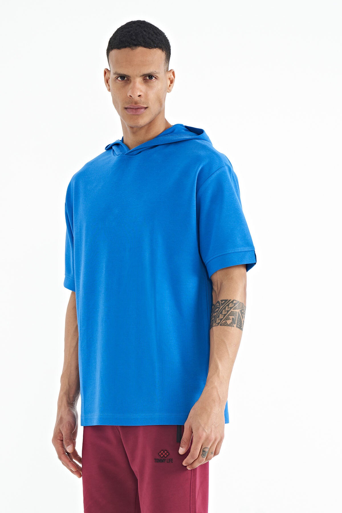 Saks Kapüşonlu Kol Etiket Detaylı Oversize Erkek T-shirt - 88179