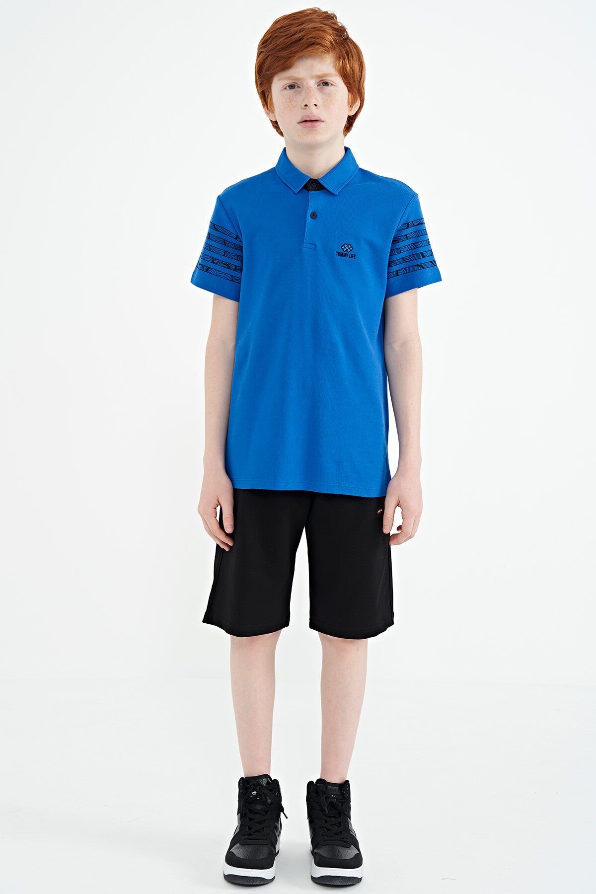 Saks Kol Baskı Detaylı Standart Kalıp Polo Yaka Erkek Çocuk T-Shirt - 11093