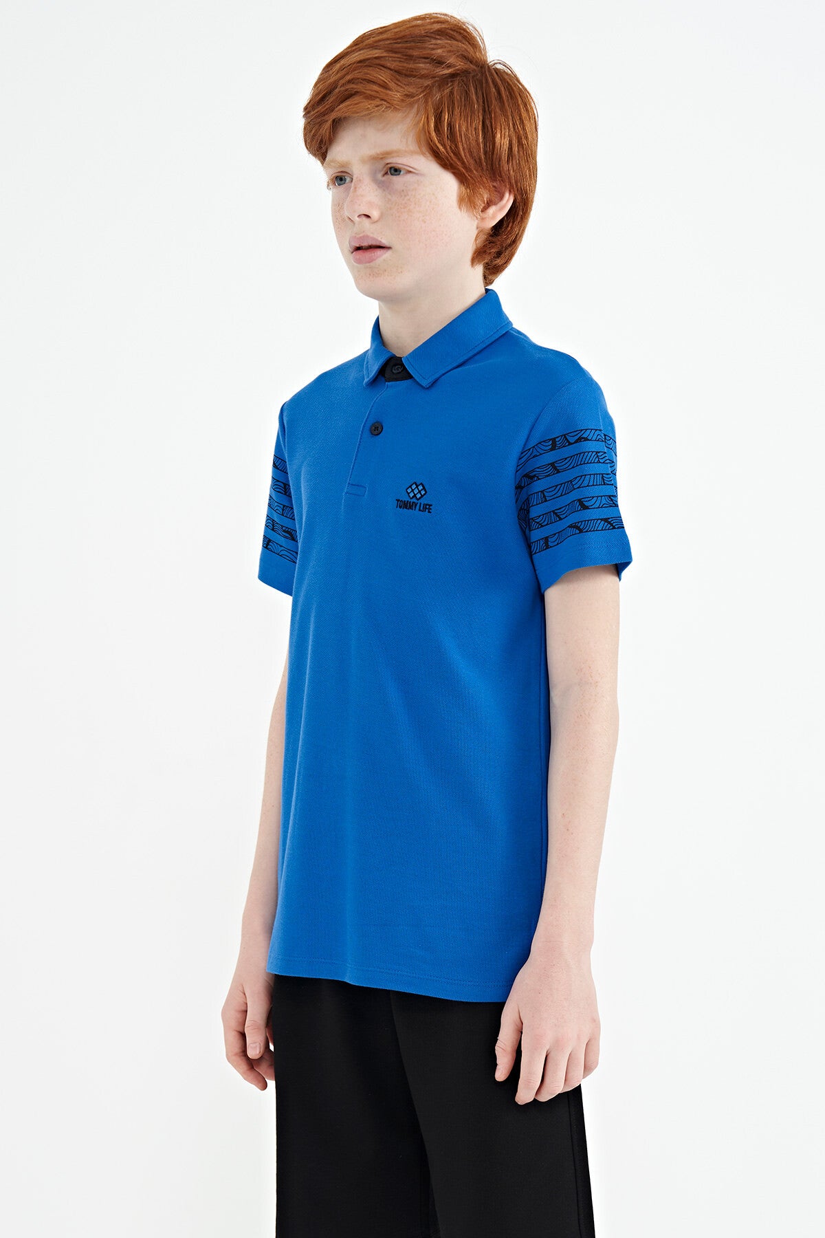 Saks Kol Baskı Detaylı Standart Kalıp Polo Yaka Erkek Çocuk T-Shirt - 11093