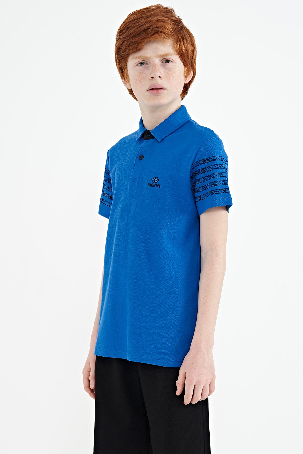 Saks Kol Baskı Detaylı Standart Kalıp Polo Yaka Erkek Çocuk T-Shirt - 11093