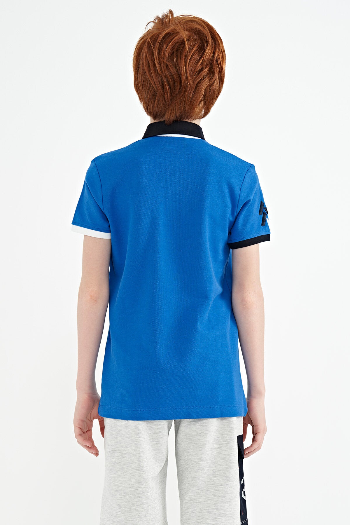 Saks Kol Ucu Renkli Logo Nakışlı Standart Kalıp Polo Yaka Erkek Çocuk T-Shirt - 11138