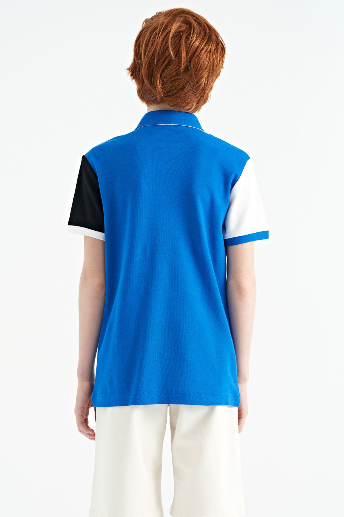 Saks Renk Bloklu Nakış Detaylı Standart Kalıp Polo Yaka Erkek Çocuk T-Shirt - 11088