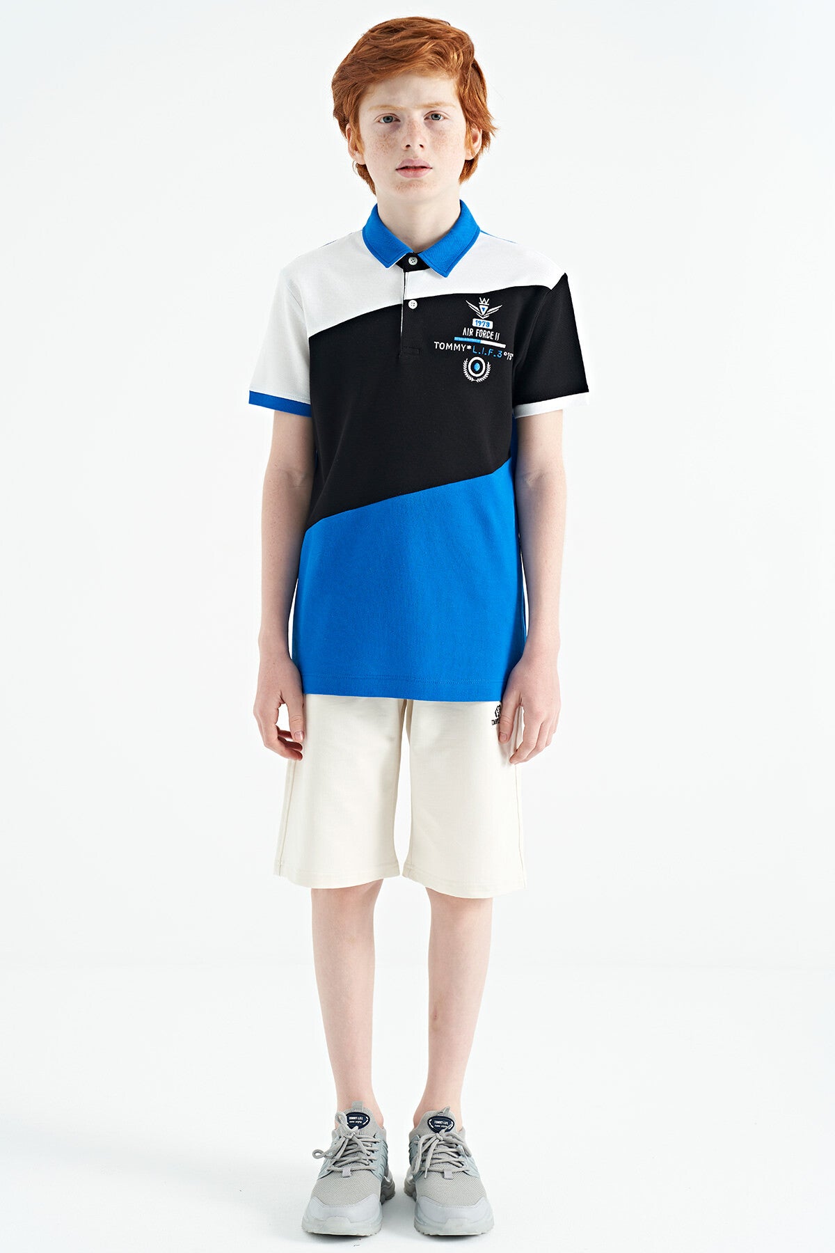 Saks Renk Bloklu Nakış Detaylı Standart Kalıp Polo Yaka Erkek Çocuk T-Shirt - 11088