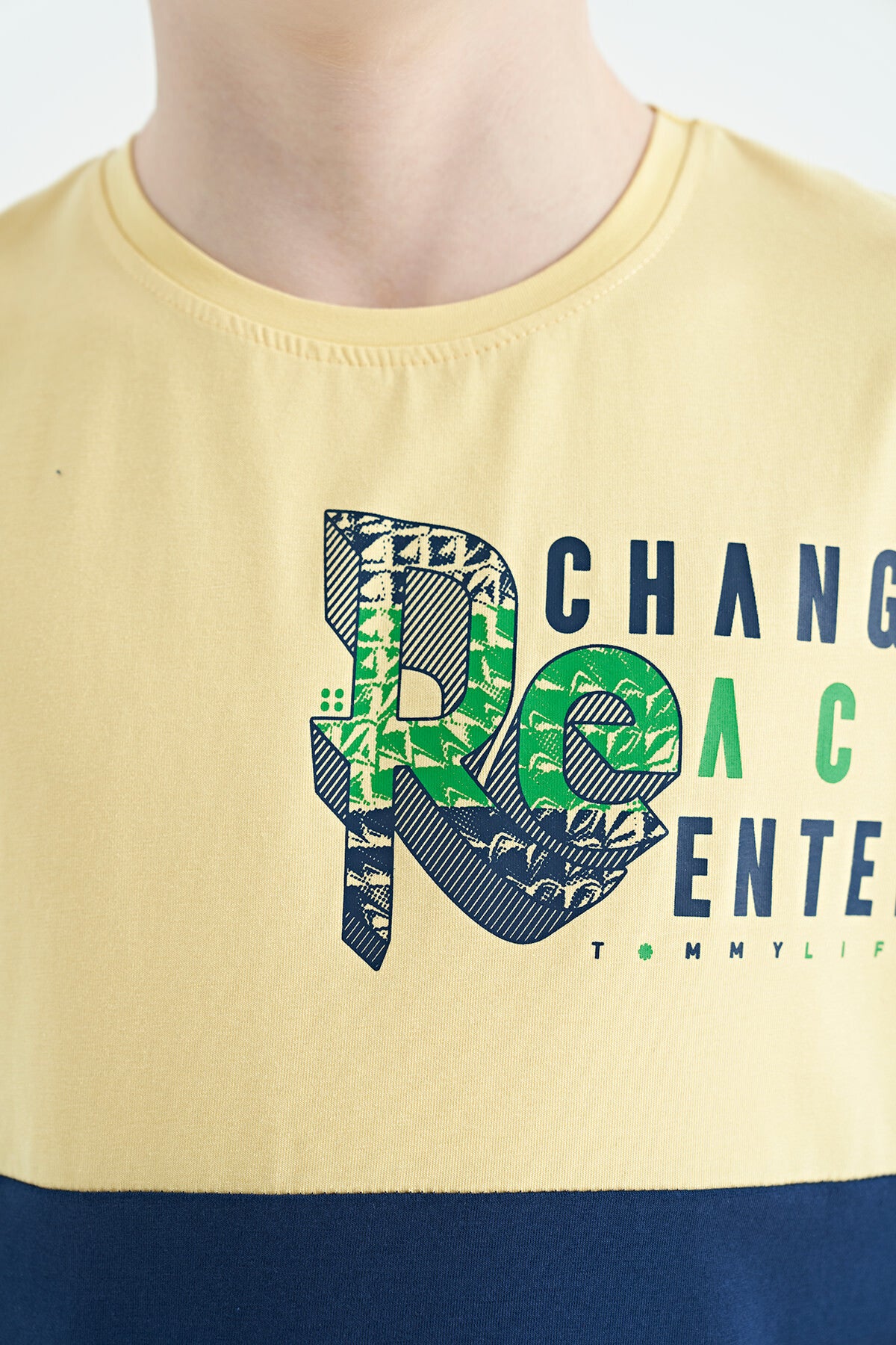 Sarı Baskı Detaylı Renk Bloklu Standart Kalıp O Yaka Erkek Çocuk T-Shirt - 11107