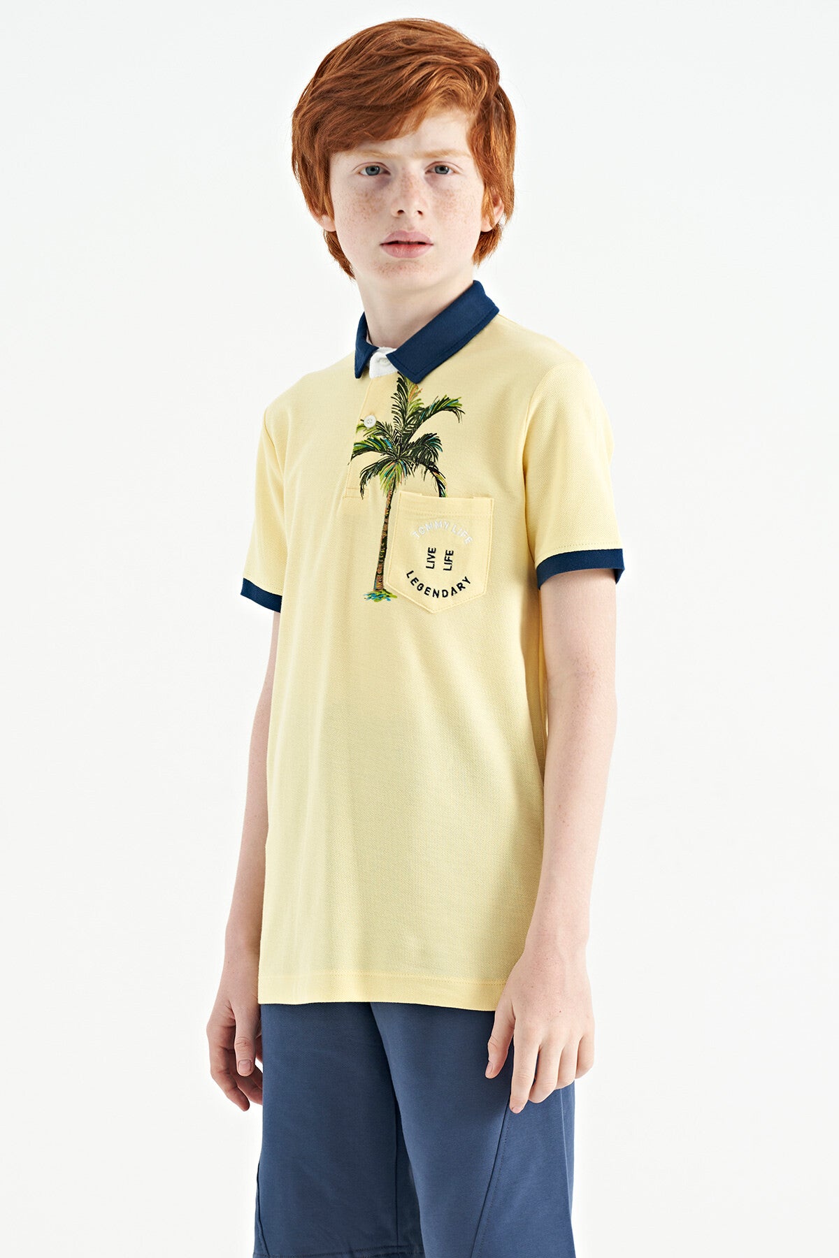 Sarı Baskılı Cep Detaylı Standart Kalıp Polo Yaka Erkek Çocuk T-Shirt - 11144