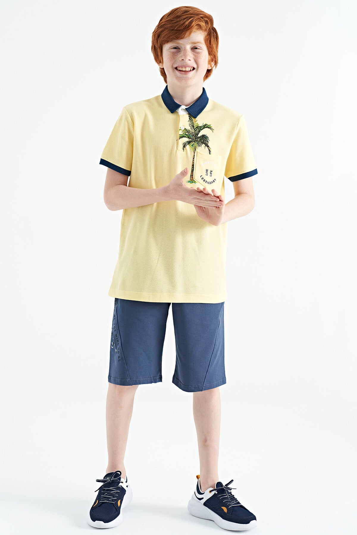 Sarı Baskılı Cep Detaylı Standart Kalıp Polo Yaka Erkek Çocuk T-Shirt - 11144