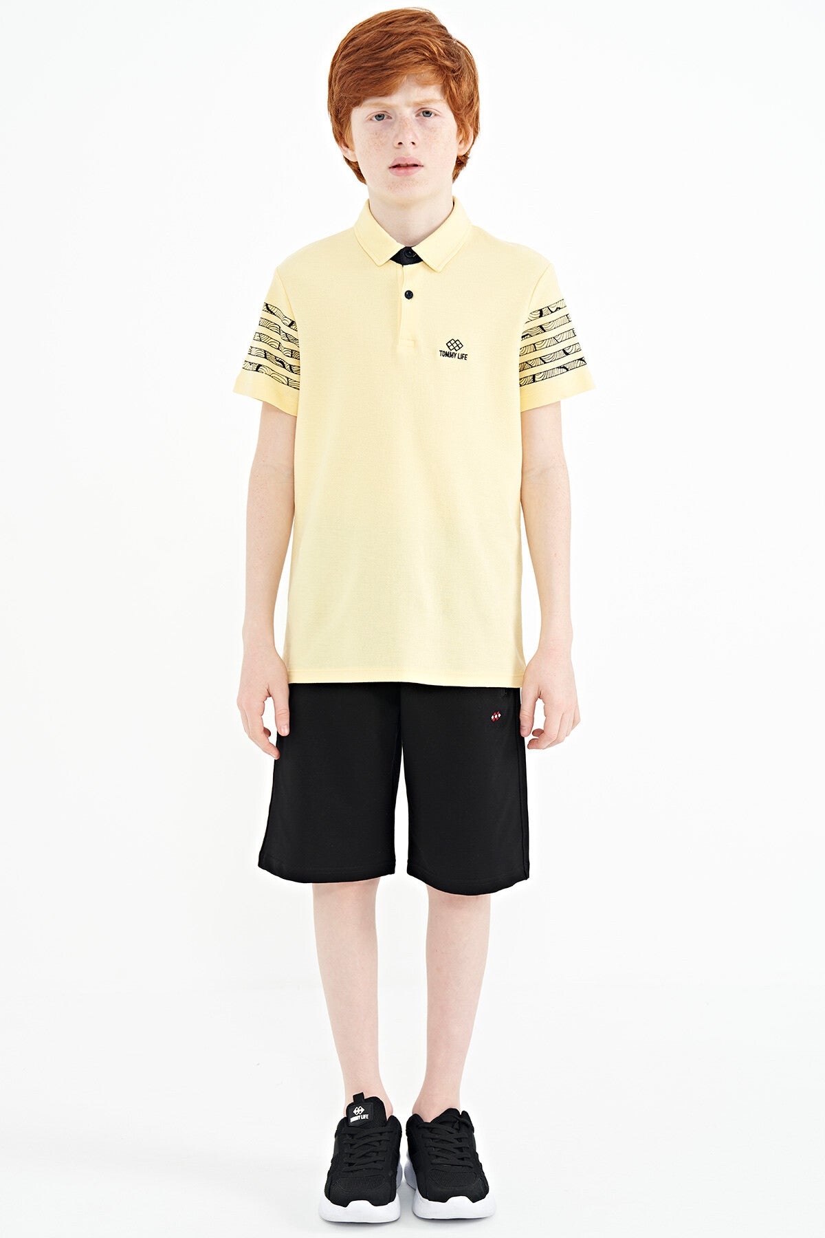 Sarı Kol Baskı Detaylı Standart Kalıp Polo Yaka Erkek Çocuk T-Shirt - 11093