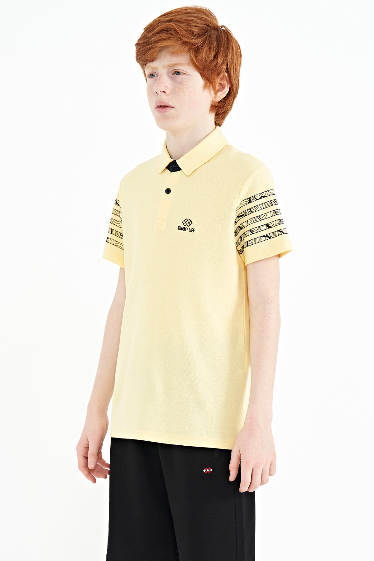 Sarı Kol Baskı Detaylı Standart Kalıp Polo Yaka Erkek Çocuk T-Shirt - 11093
