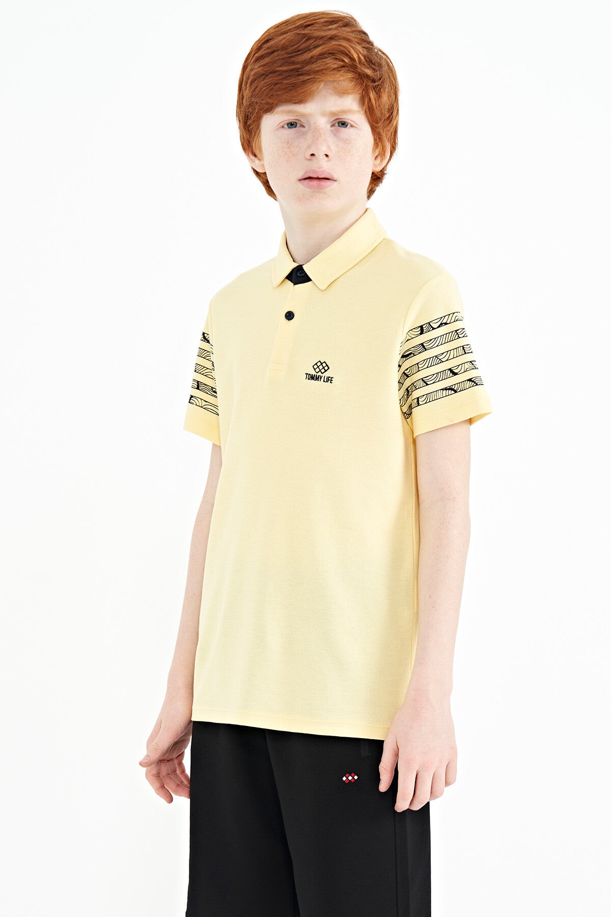 Sarı Kol Baskı Detaylı Standart Kalıp Polo Yaka Erkek Çocuk T-Shirt - 11093