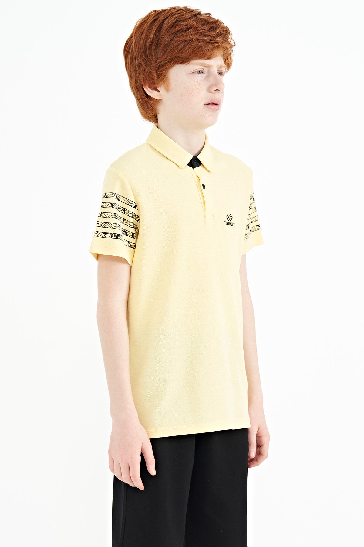 Sarı Kol Baskı Detaylı Standart Kalıp Polo Yaka Erkek Çocuk T-Shirt - 11093