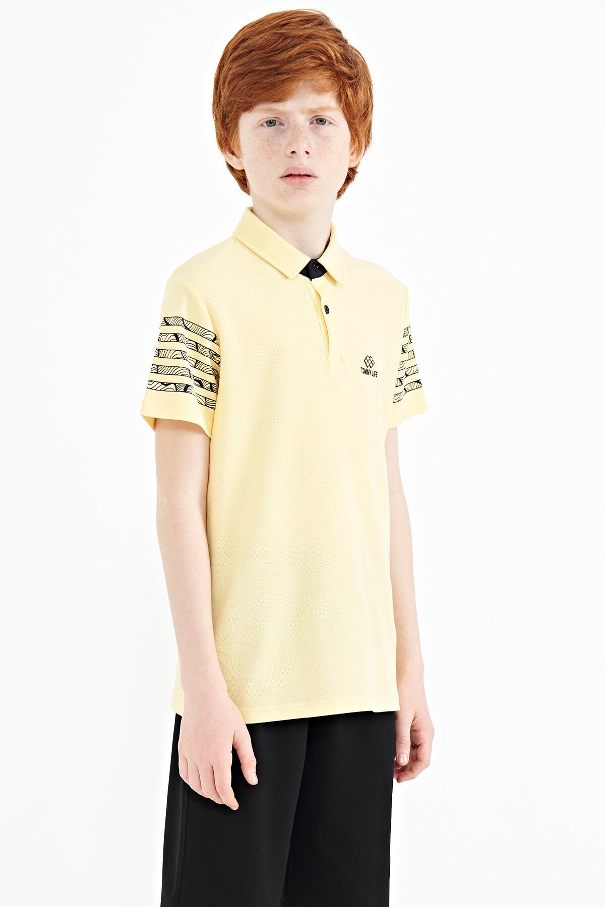 Sarı Kol Baskı Detaylı Standart Kalıp Polo Yaka Erkek Çocuk T-Shirt - 11093