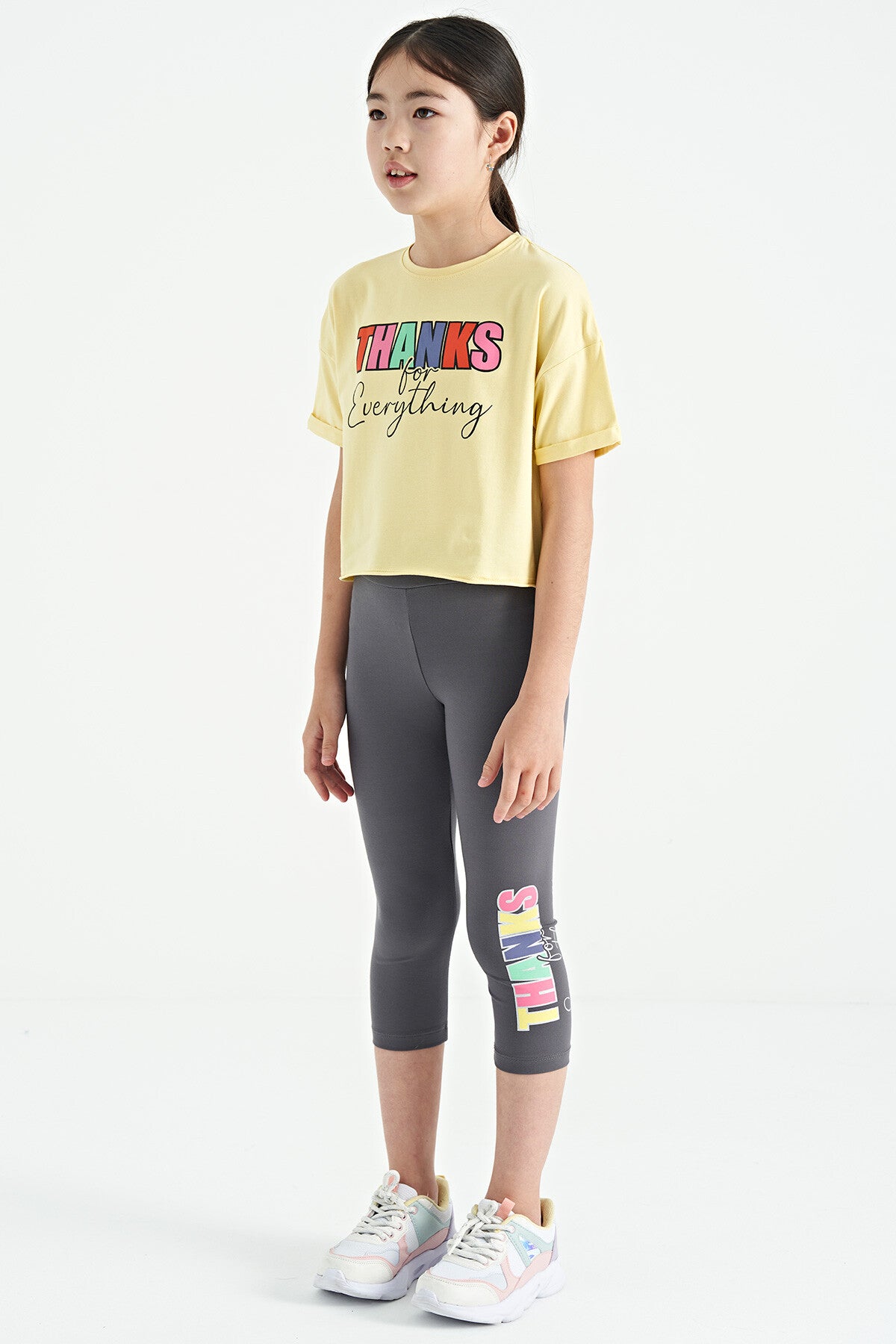 Sarı - Koyu Gri Yazı Baskılı Oversize Kız Çocuk Crop Tayt Takım - 75133