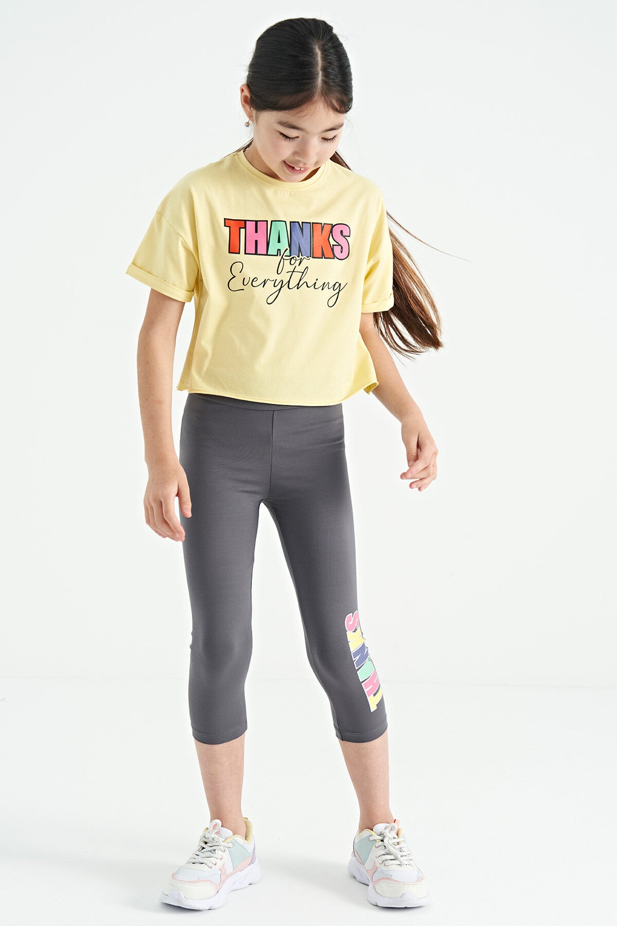 Sarı - Koyu Gri Yazı Baskılı Oversize Kız Çocuk Crop Tayt Takım - 75133