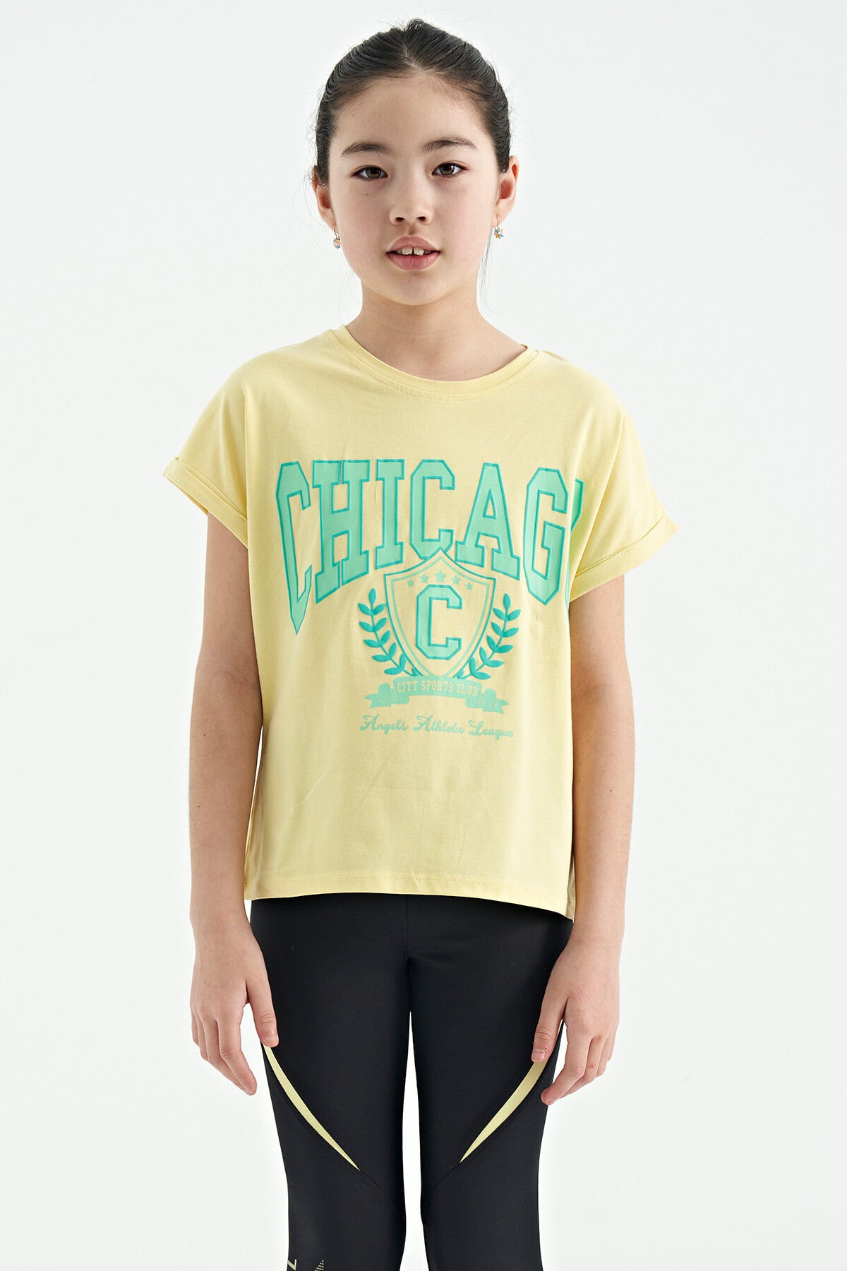 Sarı O Yaka Düşük Omuzlu Rahat Form Kısa Kollu Kız Çocuk T-Shirt - 75128