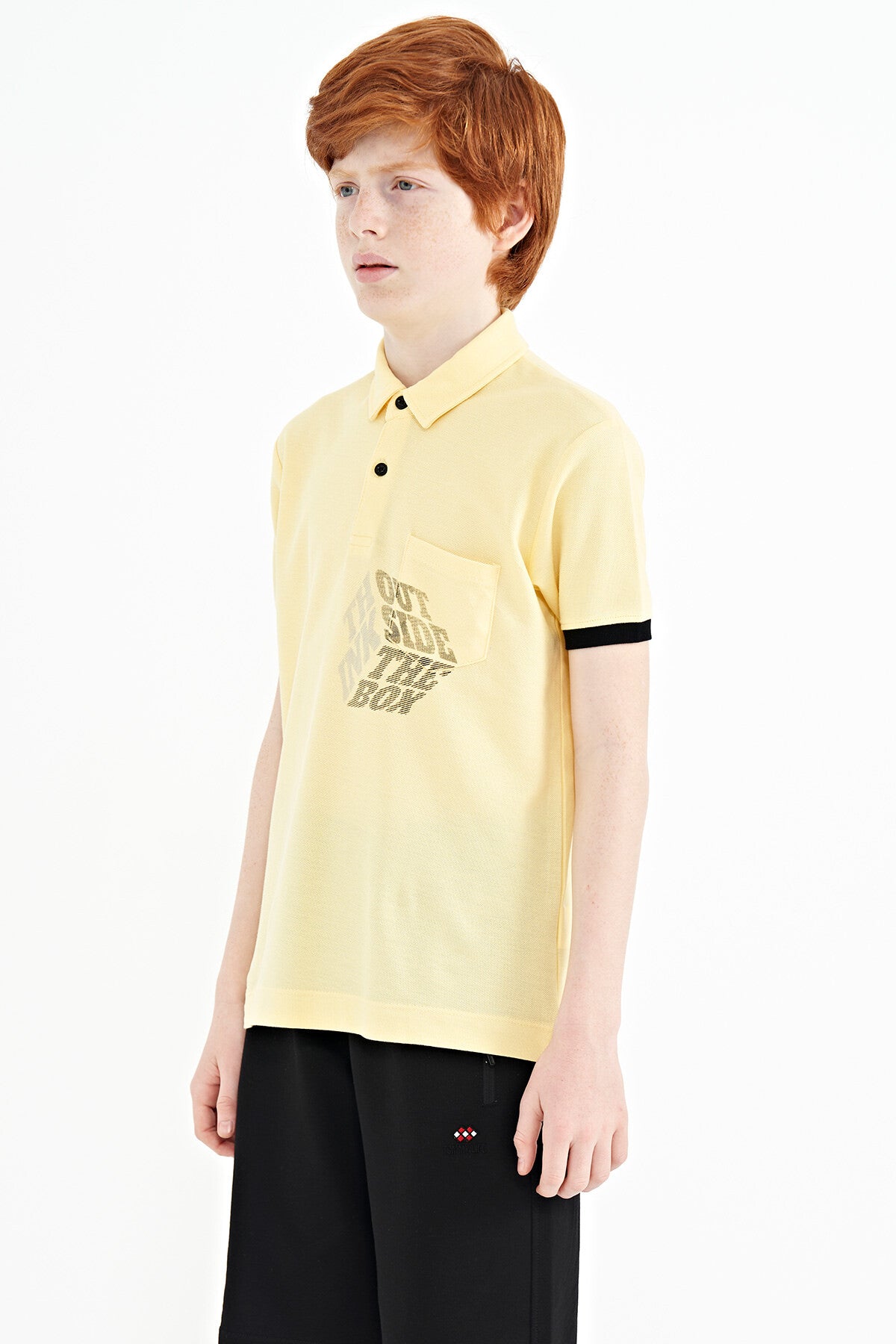 Sarı Ön Cep Detaylı Baskılı Standart Kalıp Polo Yaka Erkek Çocuk T-Shirt - 11102