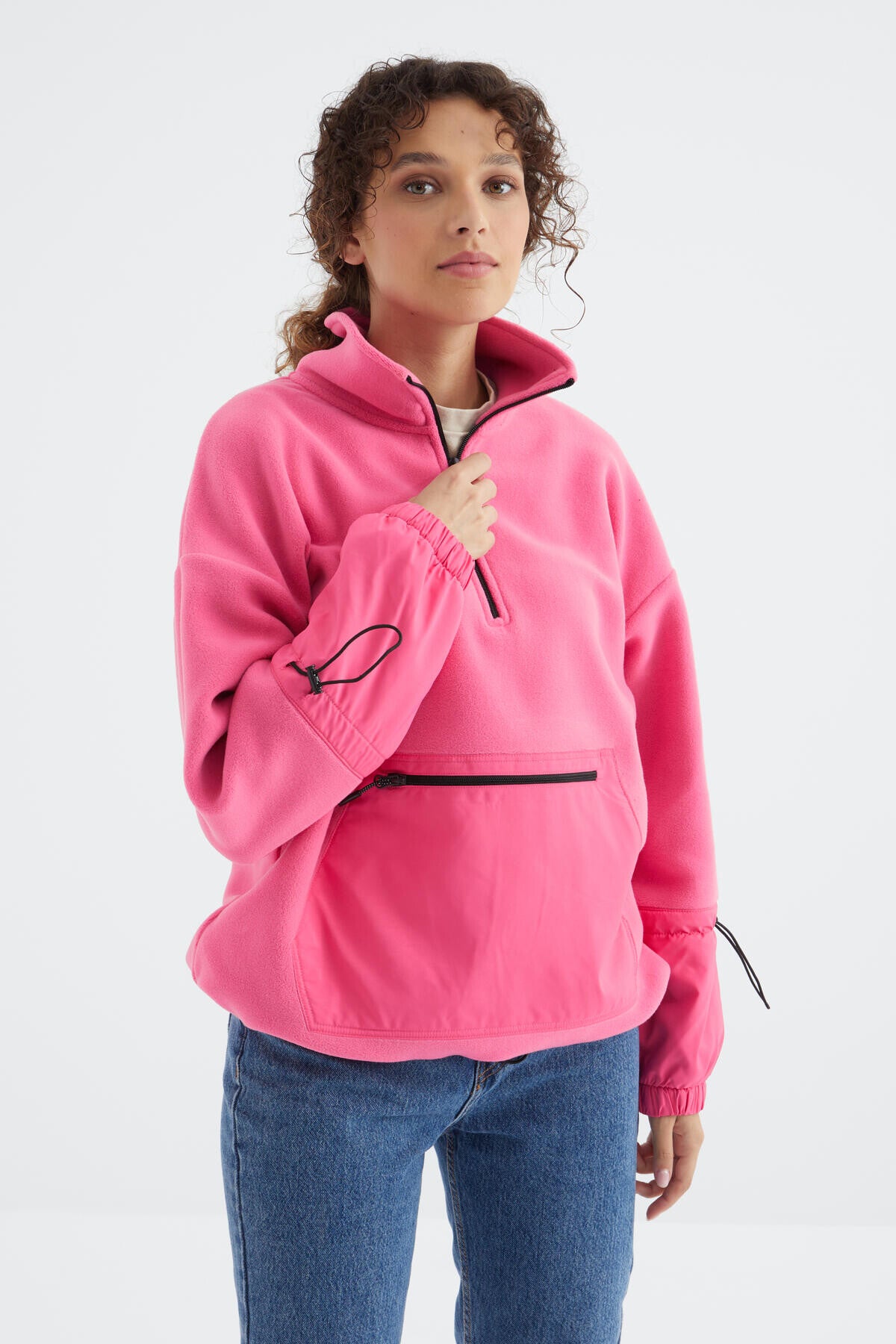 Şeker Pembe Etek Ucu Büzgülü Yarım Fermuarlı Oversize Kadın Polar Sweatshirt - 97238