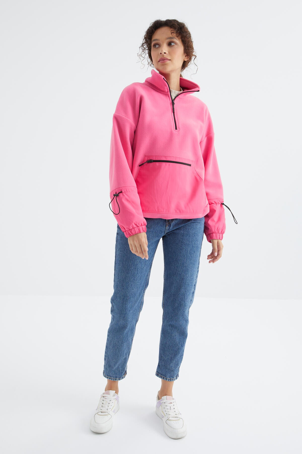 Şeker Pembe Etek Ucu Büzgülü Yarım Fermuarlı Oversize Kadın Polar Sweatshirt - 97238