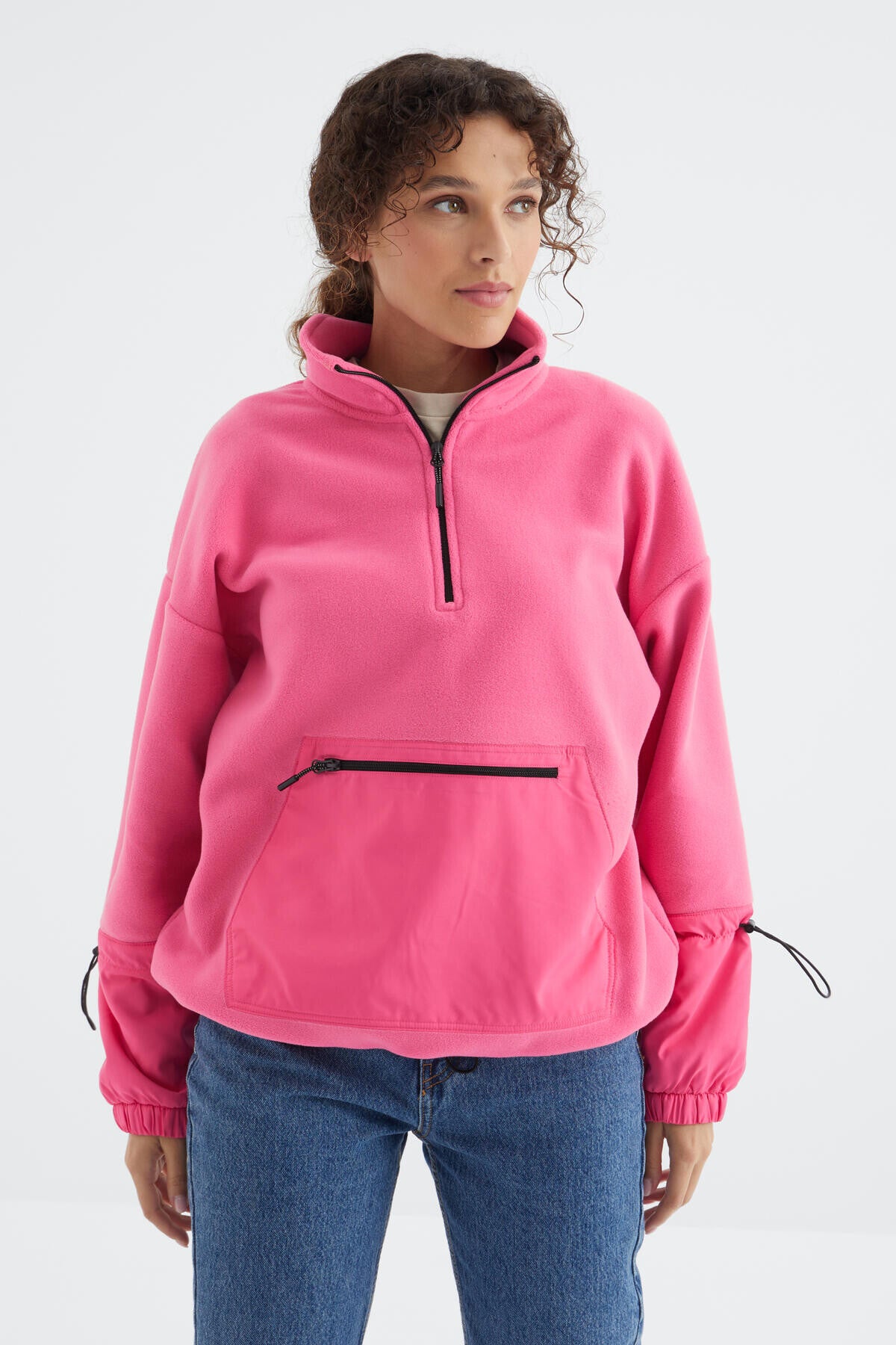 Şeker Pembe Etek Ucu Büzgülü Yarım Fermuarlı Oversize Kadın Polar Sweatshirt - 97238
