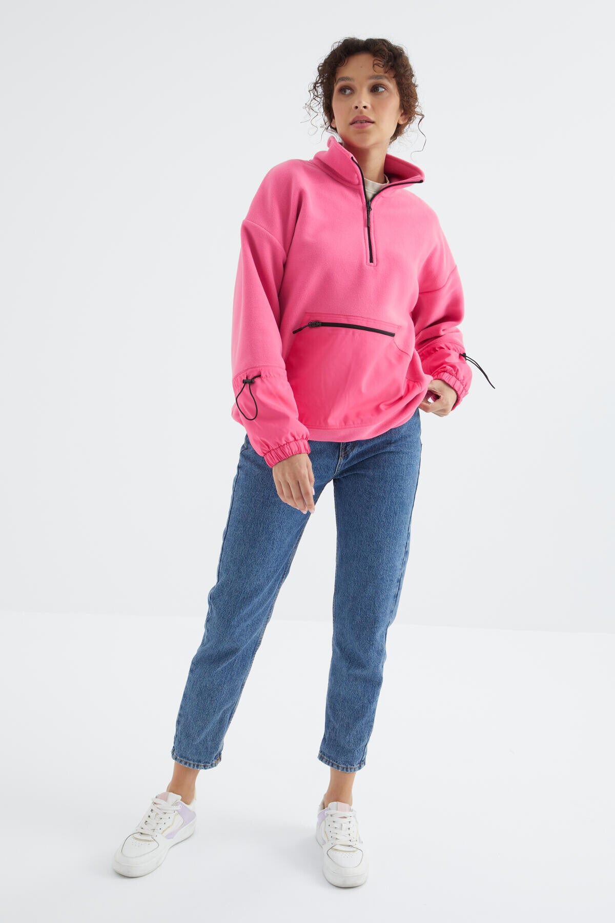 Şeker Pembe Etek Ucu Büzgülü Yarım Fermuarlı Oversize Kadın Polar Sweatshirt - 97238