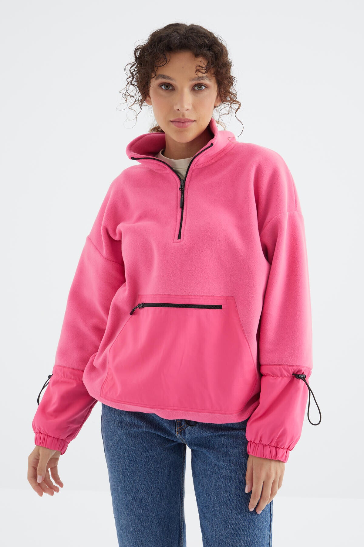 Şeker Pembe Etek Ucu Büzgülü Yarım Fermuarlı Oversize Kadın Polar Sweatshirt - 97238
