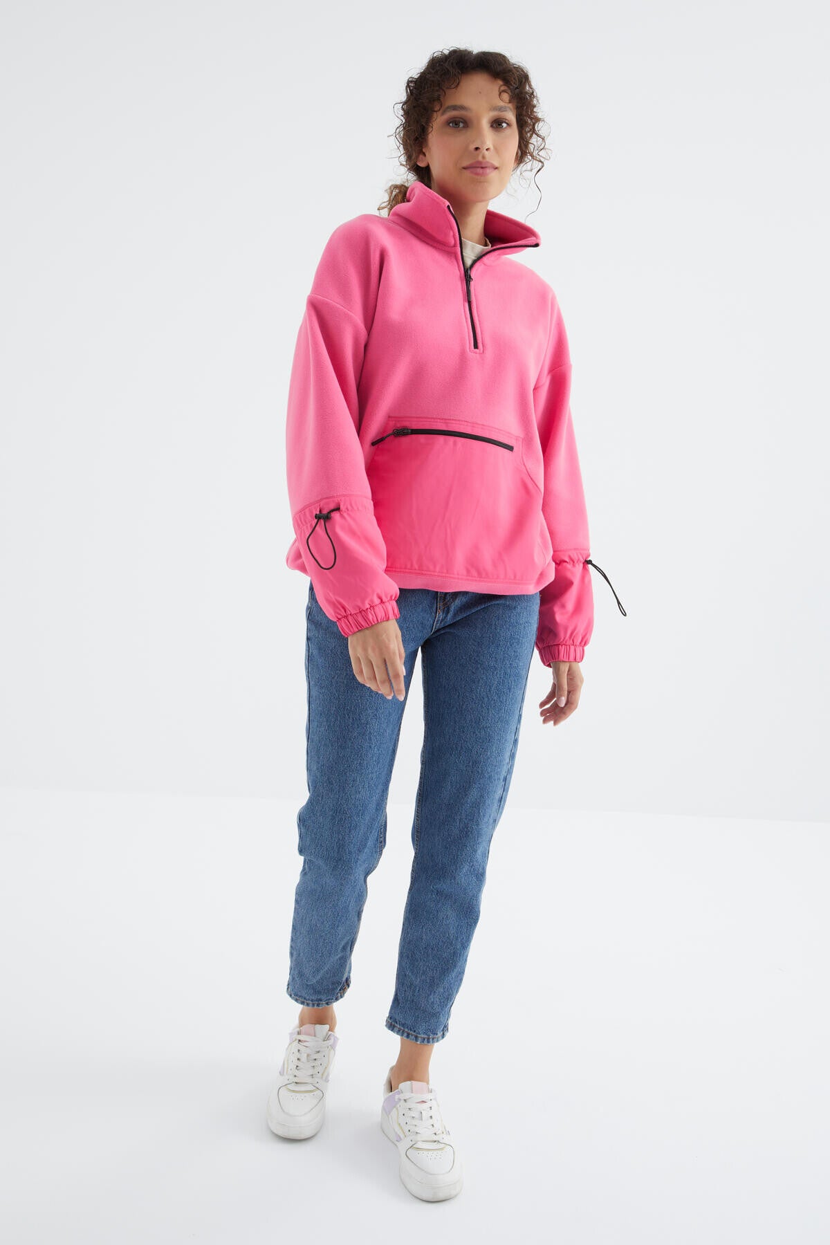 Şeker Pembe Etek Ucu Büzgülü Yarım Fermuarlı Oversize Kadın Polar Sweatshirt - 97238