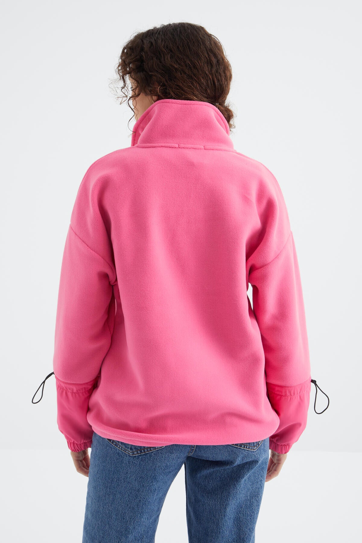 Şeker Pembe Etek Ucu Büzgülü Yarım Fermuarlı Oversize Kadın Polar Sweatshirt - 97238
