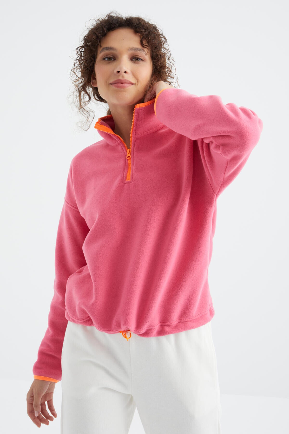 Şeker Pembe Yarım Fermuar Etek Ucu Büzgülü Dik Yaka Oversize Kadın Polar Sweatshirt - 97234