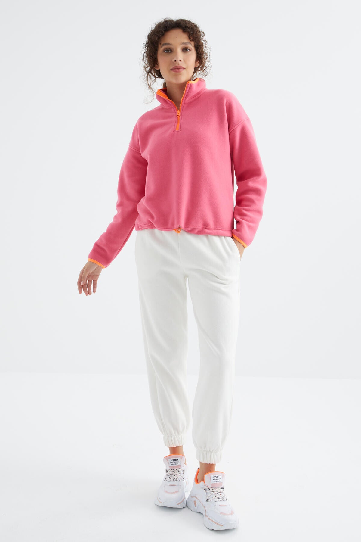 Şeker Pembe Yarım Fermuar Etek Ucu Büzgülü Dik Yaka Oversize Kadın Polar Sweatshirt - 97234