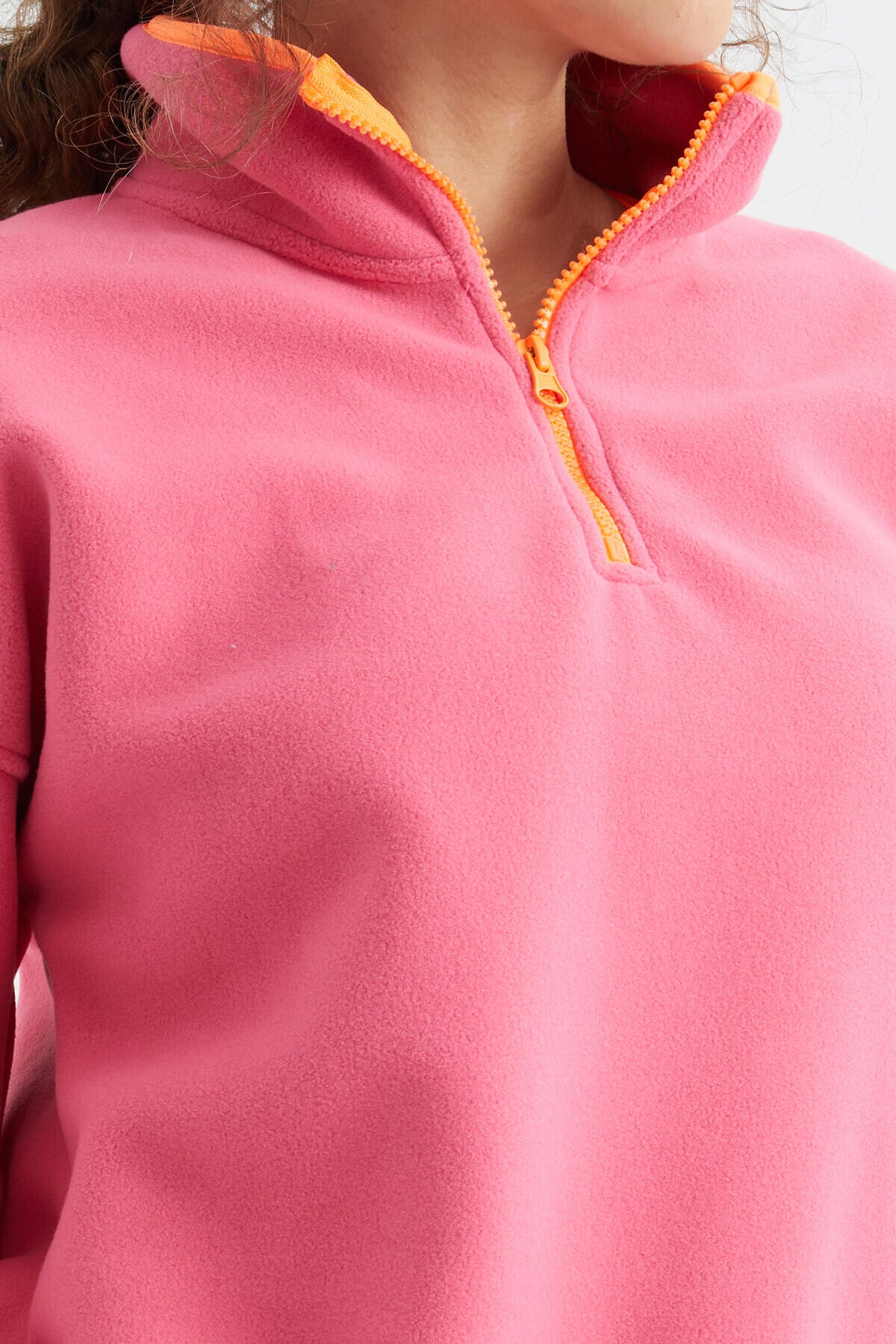 Şeker Pembe Yarım Fermuar Etek Ucu Büzgülü Dik Yaka Oversize Kadın Polar Sweatshirt - 97234