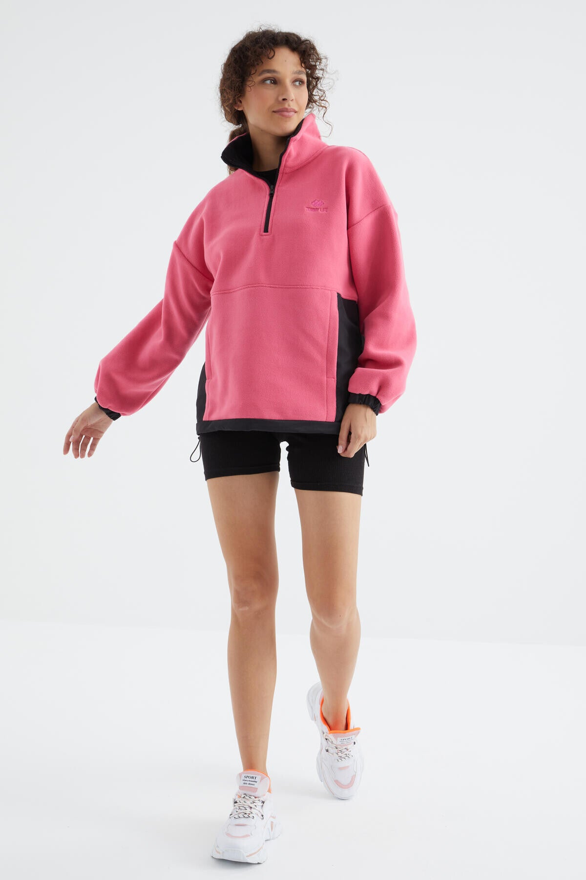 Şeker Pembe Yarım Fermuar Etek Ucu Büzgülü Dik Yaka Oversize Kadın Polar Sweatshirt - 97236