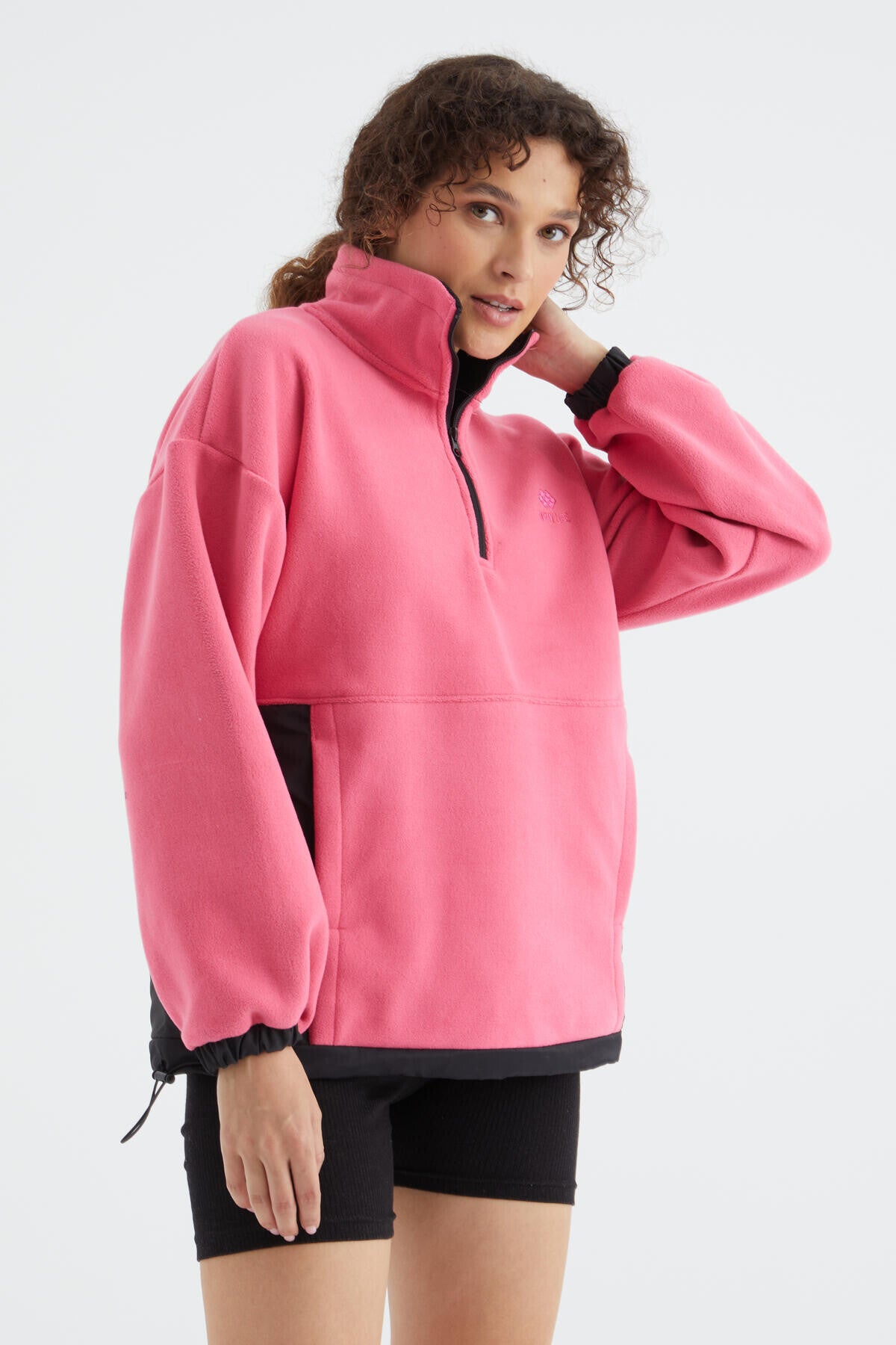 Şeker Pembe Yarım Fermuar Etek Ucu Büzgülü Dik Yaka Oversize Kadın Polar Sweatshirt - 97236