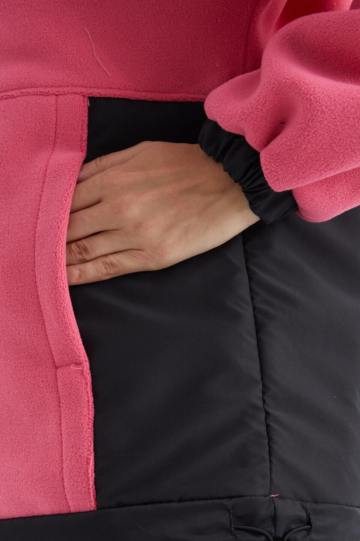Şeker Pembe Yarım Fermuar Etek Ucu Büzgülü Dik Yaka Oversize Kadın Polar Sweatshirt - 97236