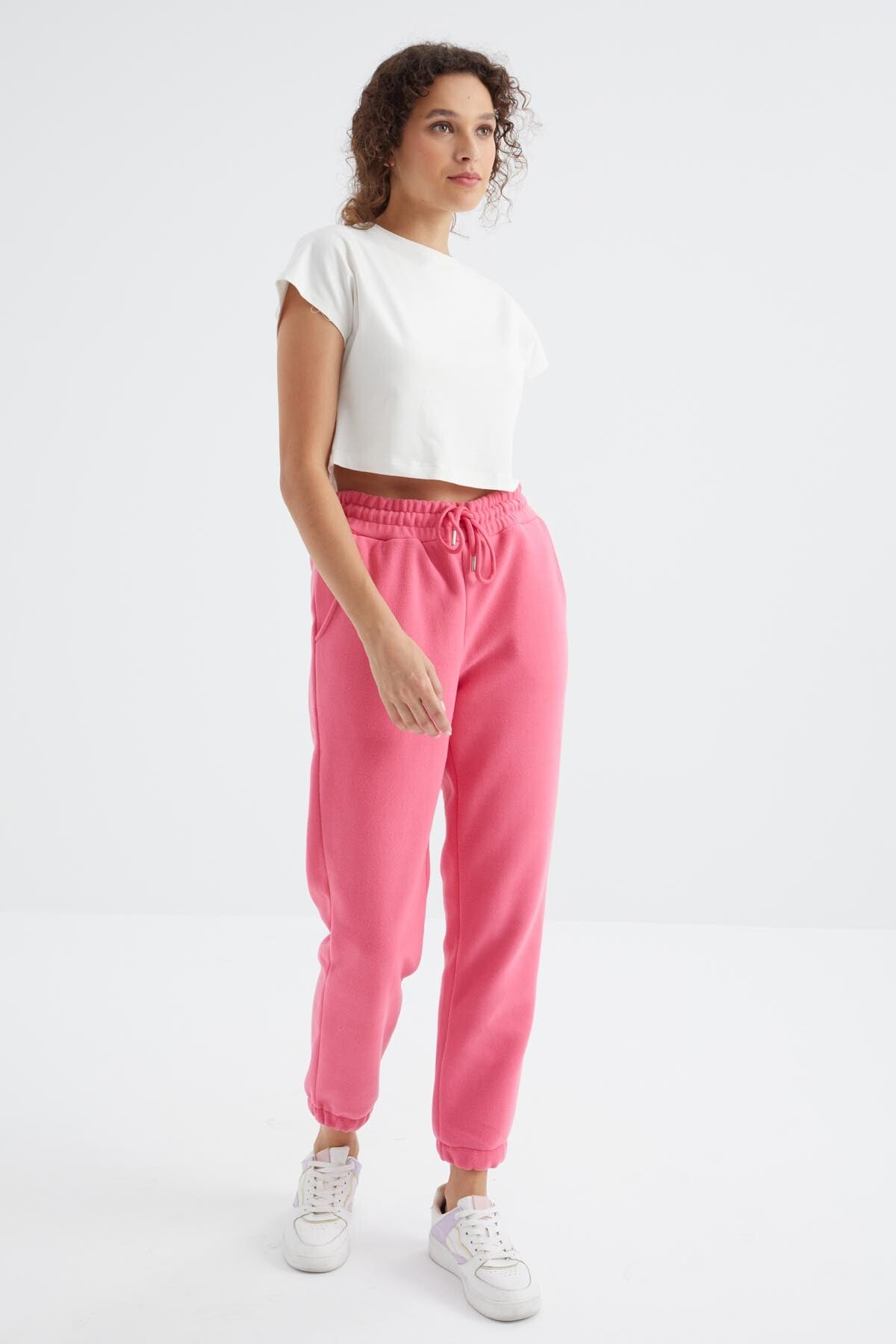 Şeker Pembe Yüksek Bel Basic Bağcıklı Jogger Polar Kadın Eşofman Alt - 94622