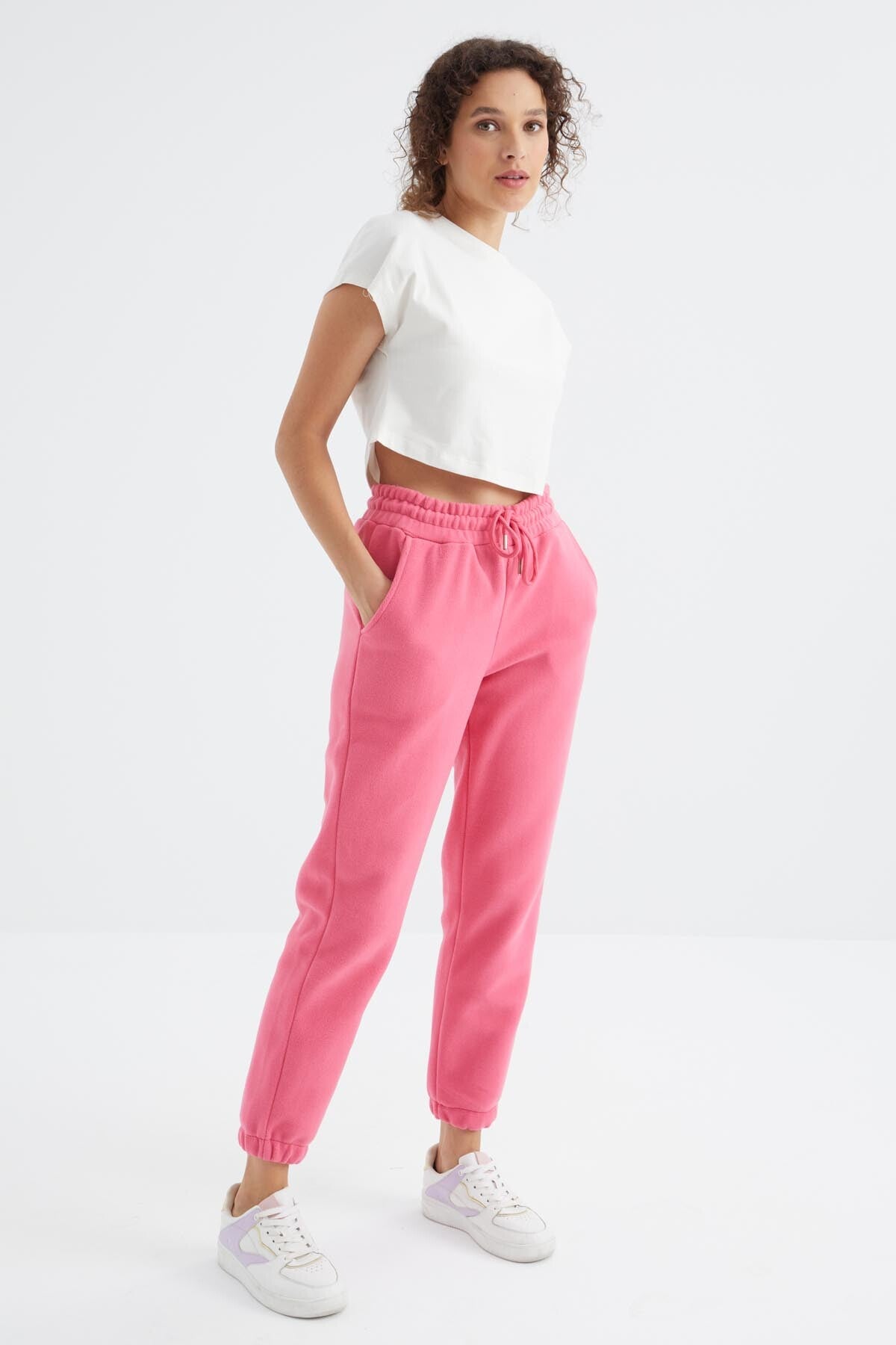 Şeker Pembe Yüksek Bel Basic Bağcıklı Jogger Polar Kadın Eşofman Alt - 94622