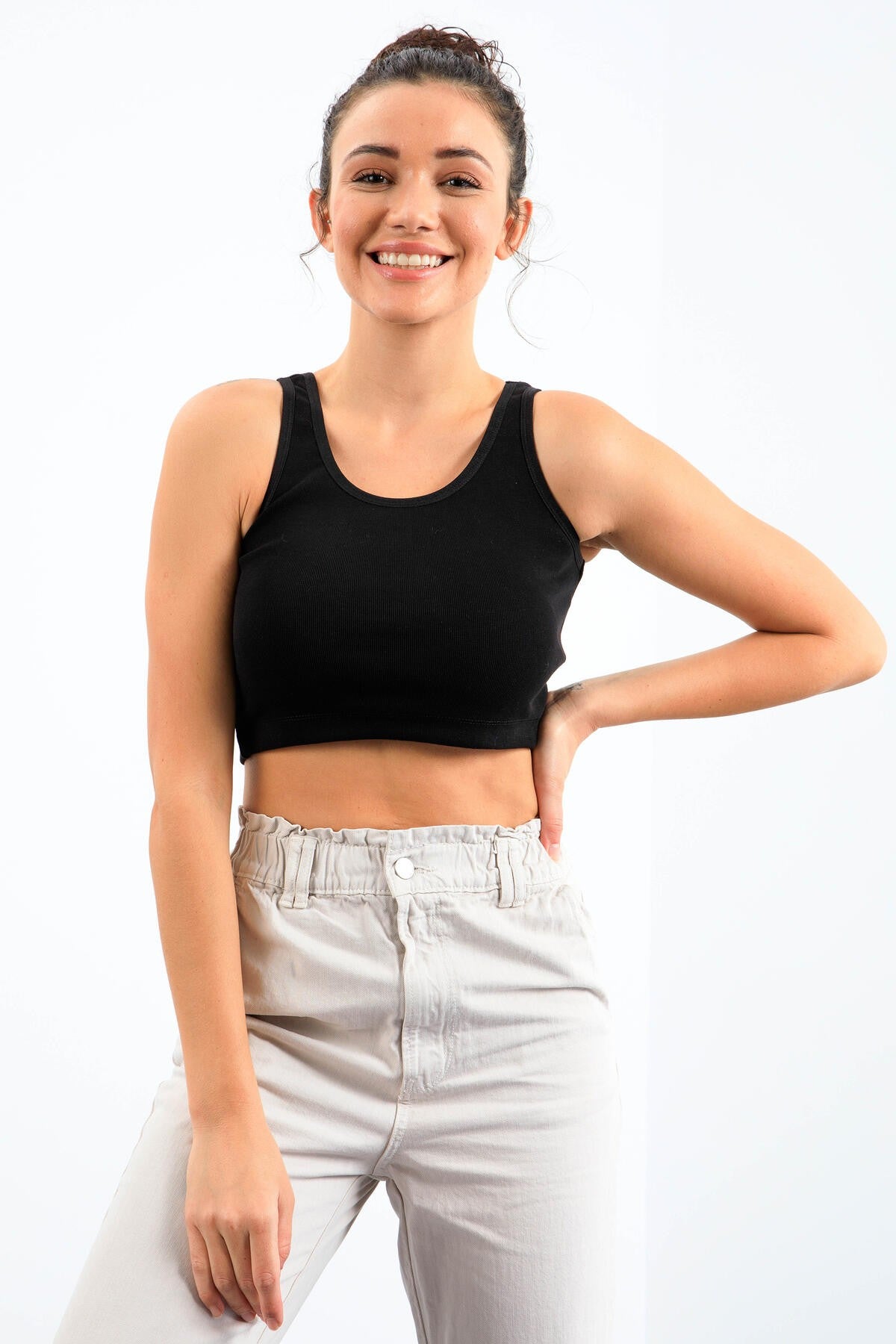Siyah Basic Sıfır Kol Dar Kalıp U Yaka Kadın Crop Top Atlet - 97162